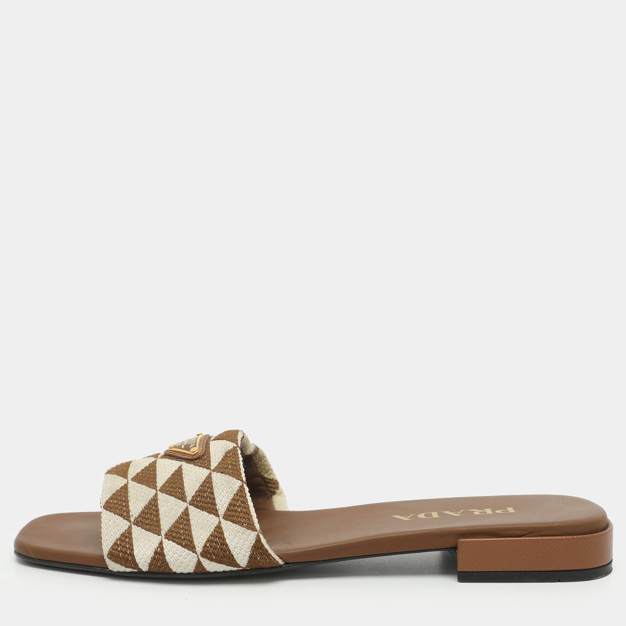 Pre Owned Prada Ciabatte Size 39.5 Green/White Triangulo Jacquard Flat Sandals