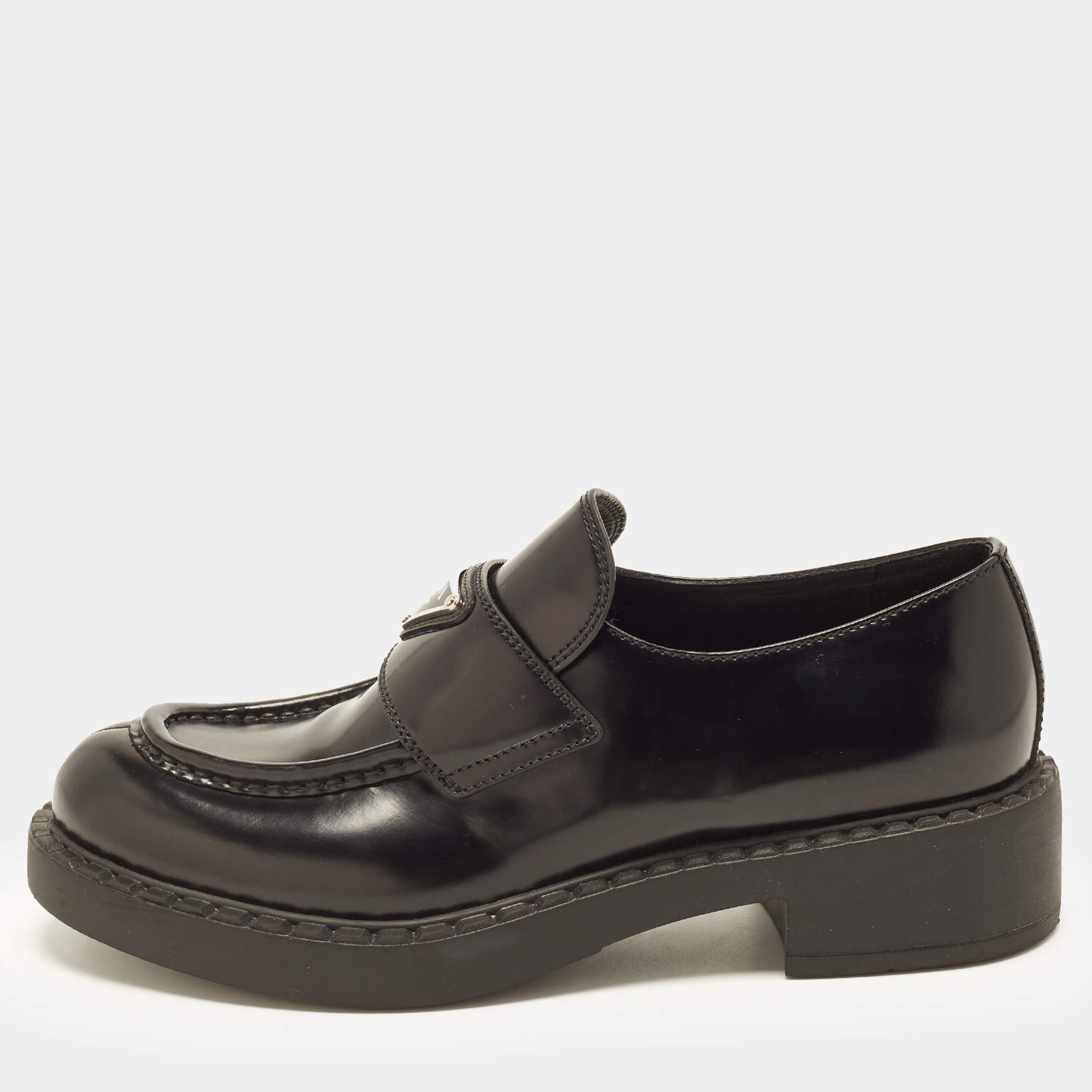 Pre Owned Prada Chocolate Brushed Size 38 Black Leather Loafers