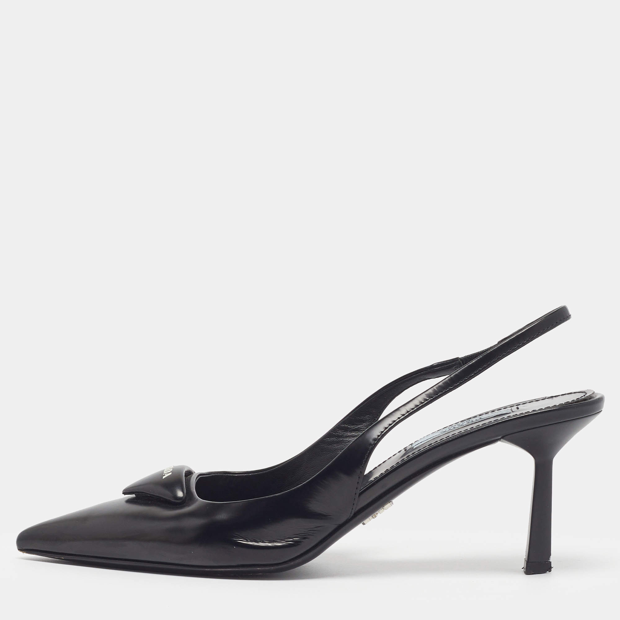 Pre Owned Prada Size 36.5 Black Leather Logo Slingback Pointed Toe Pumps