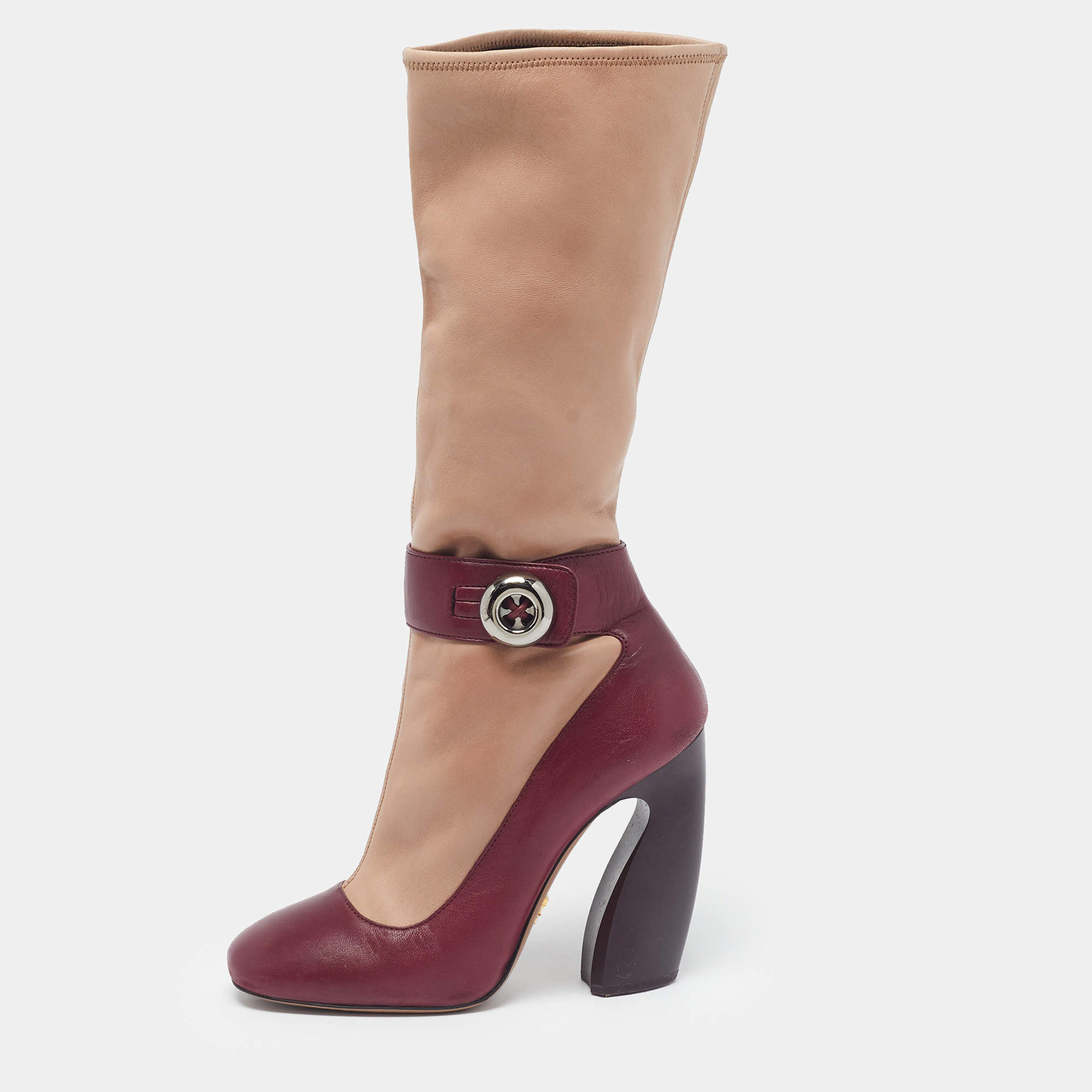 مملوكة مسبقًا Prada Size 38 Beige/Burgundy Leather Mary Jane Illusion Ankle Length Boots