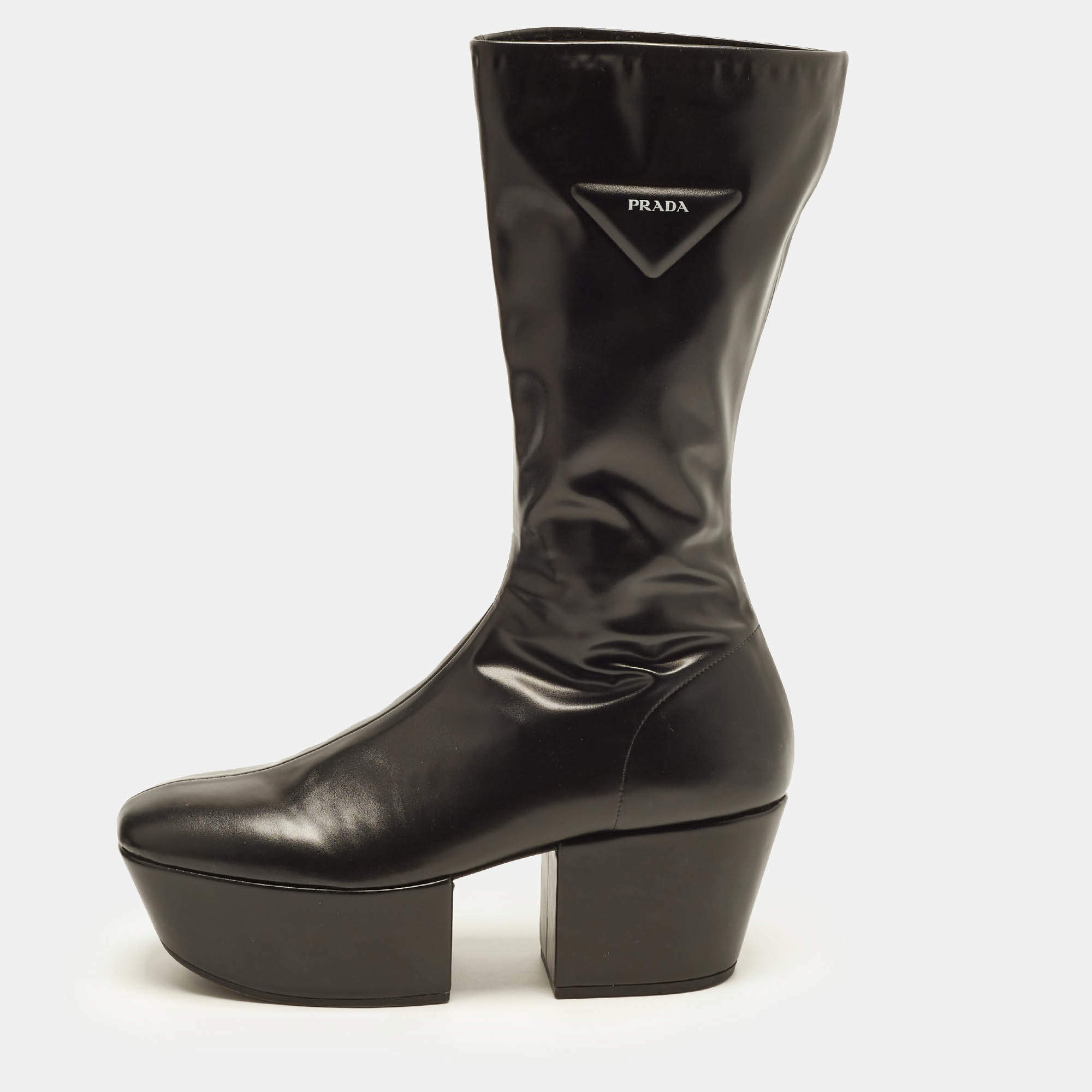 مملوكة مسبقًا Prada Size 40.5 Black Leather Platform Mid Calf Boots