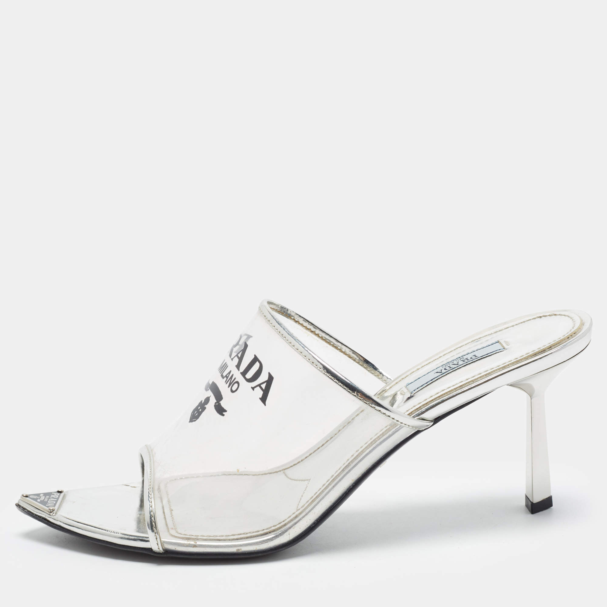 Pre Owned Prada Triangle Logo Size 41 Transparent/Silver Leather and PVC Slide Sandals