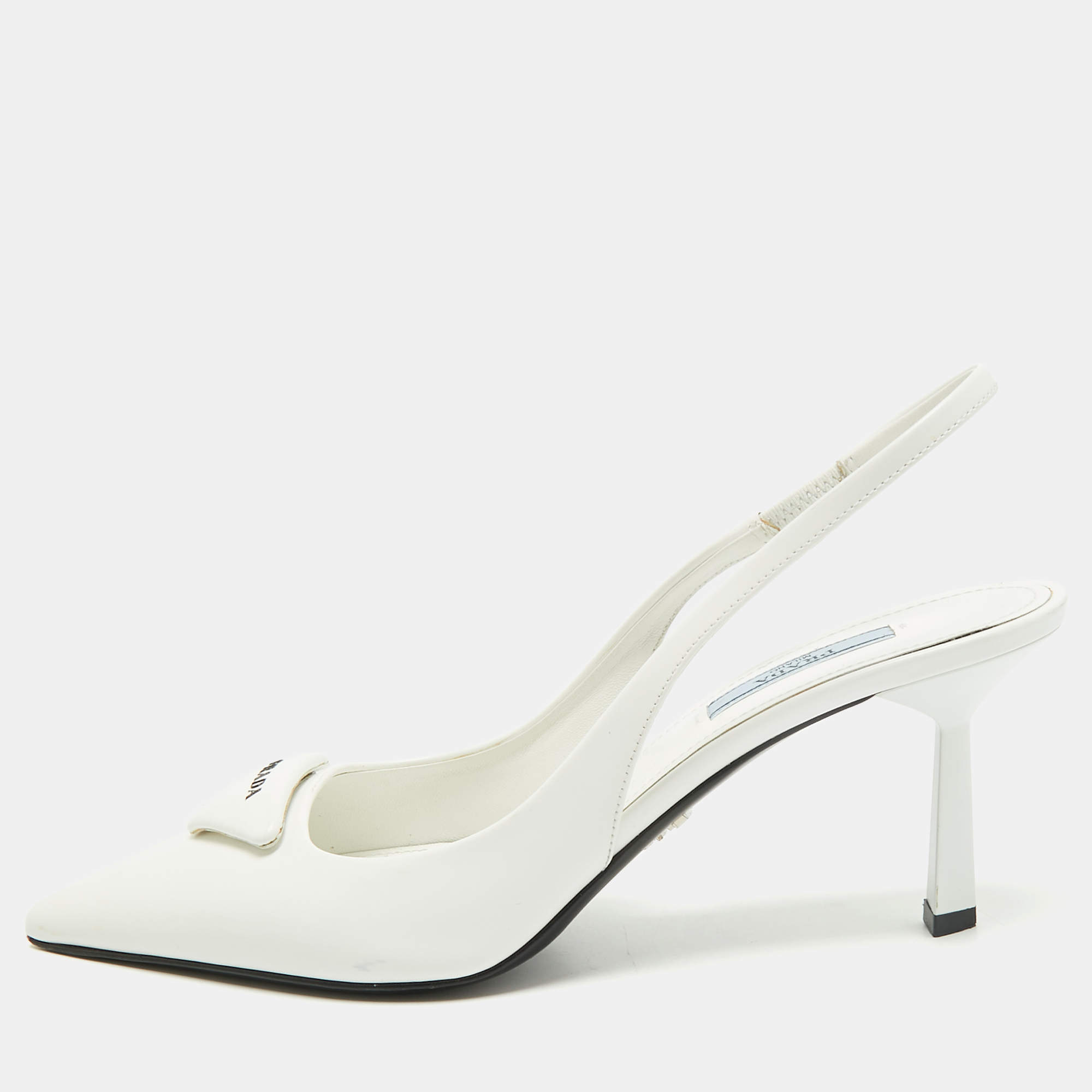مملوكة مسبقًا Prada Size 37 White Leather Logo Slingback Pumps