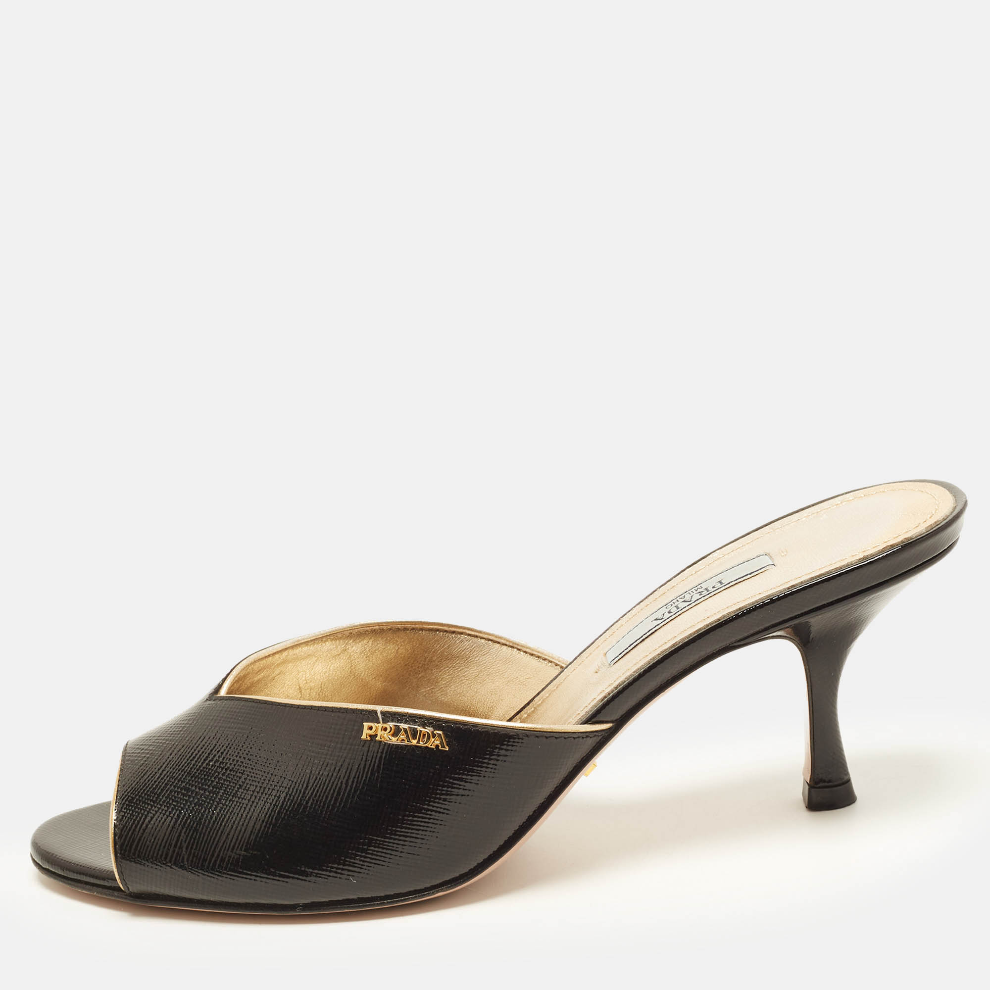 Pre Owned Prada Size 38 Black Saffiano Patent Leather Mules