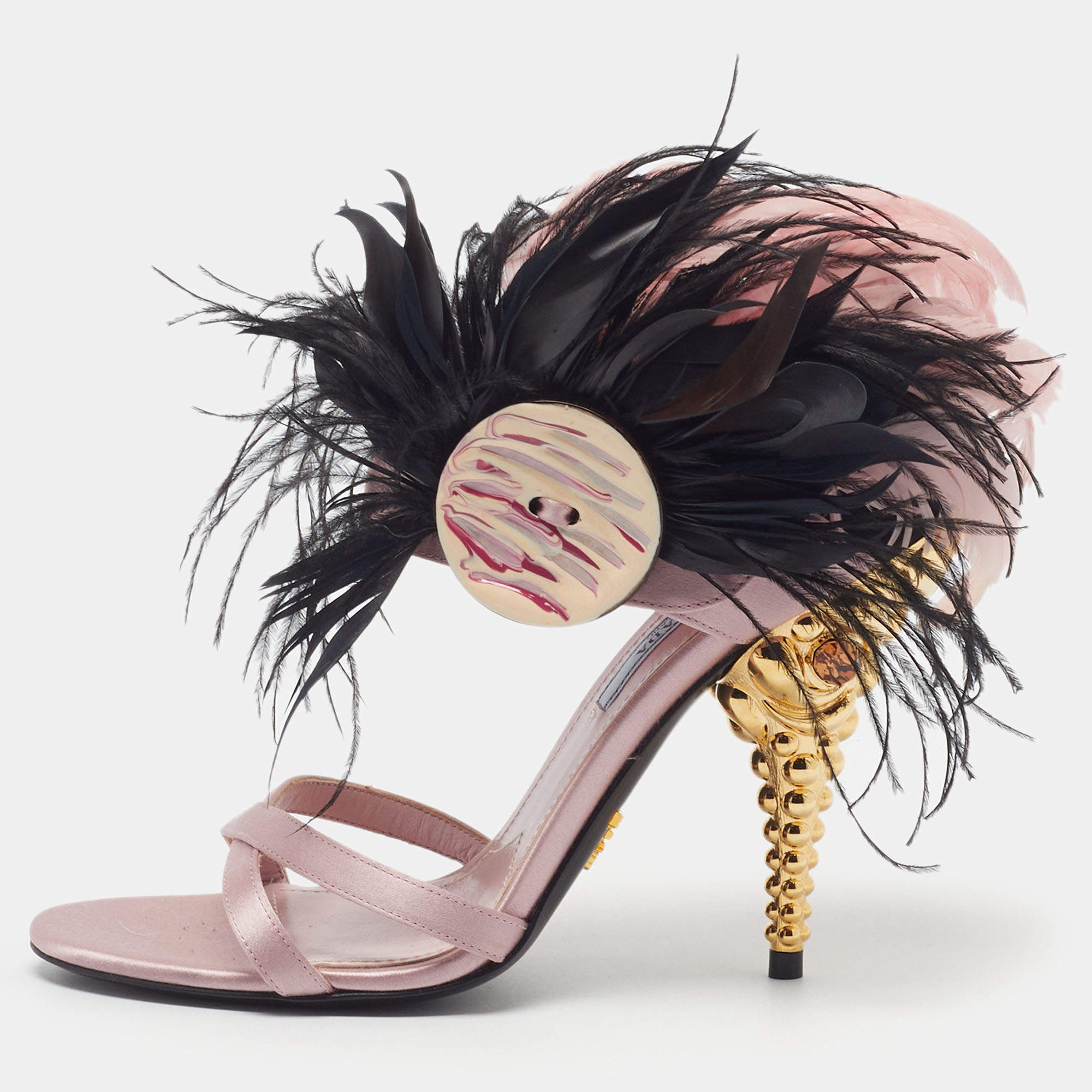 مملوكة مسبقًا Prada baroque Size 37.5 Pink Feather and Satin Ankle Strap Sandals