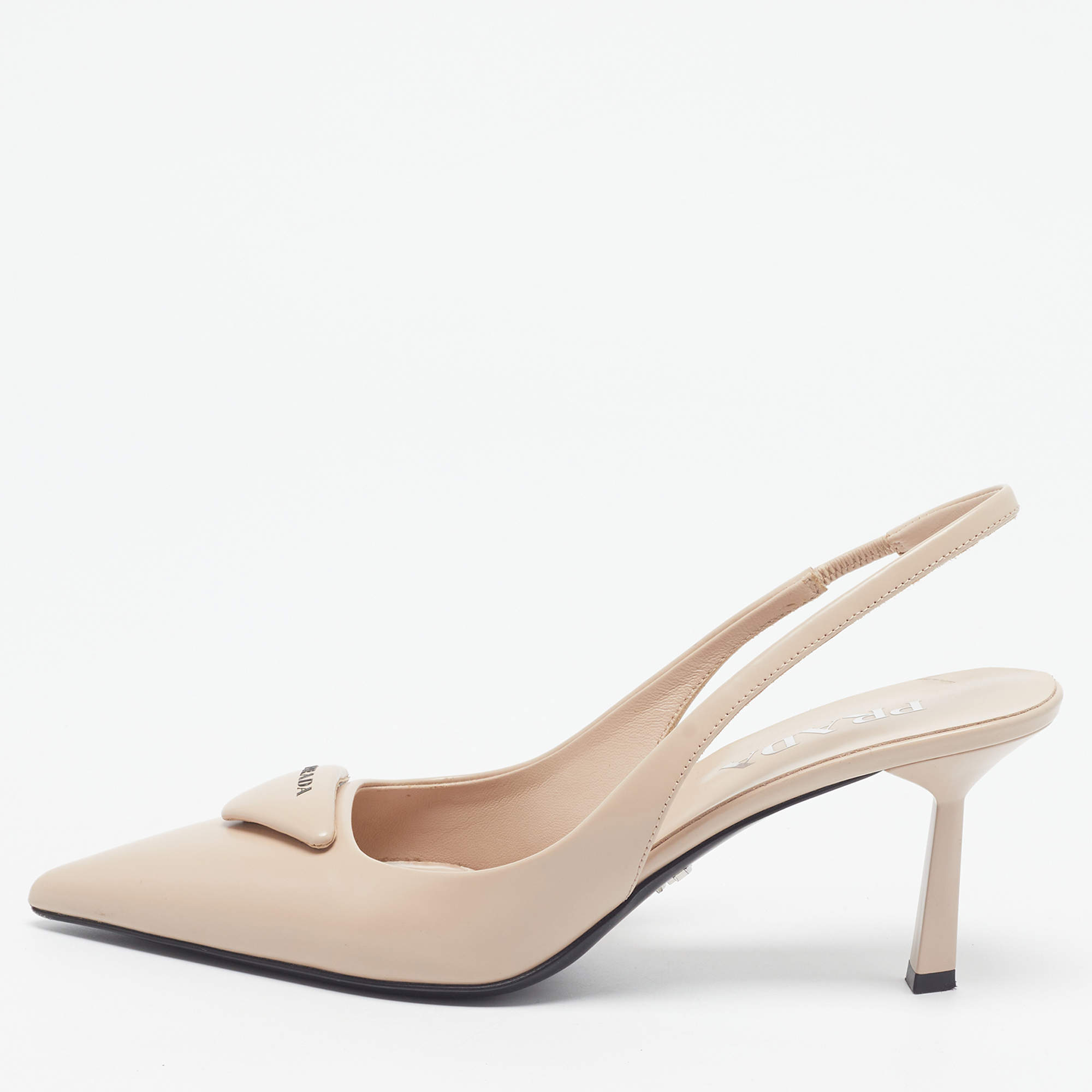 Pre Owned Prada Triangle Size 37 Beige Leather Sleep Pumps