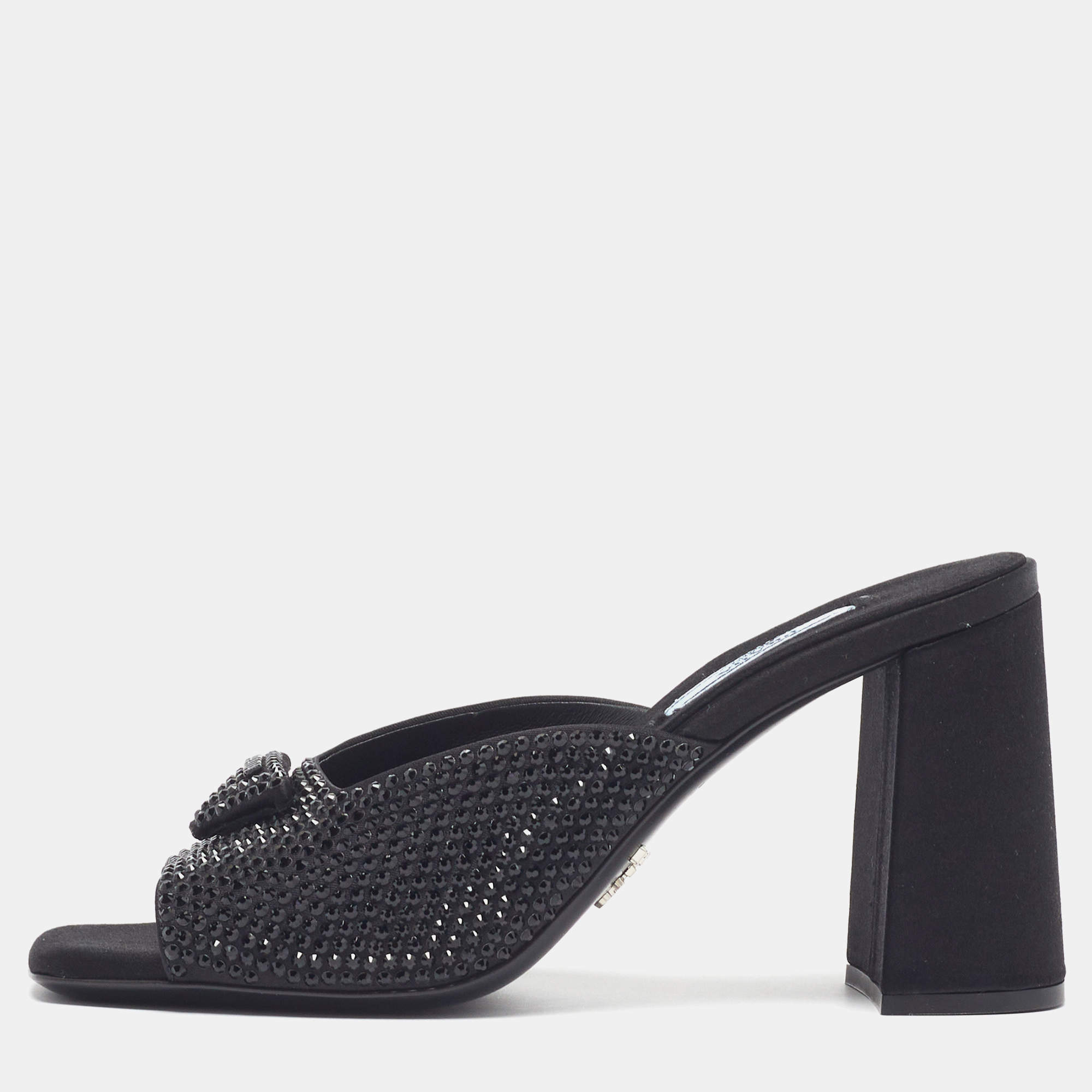 Pre Owned Prada Triangle Logo Size 37 Black Satin Crystal Embellished Block Heel Slide Sandals