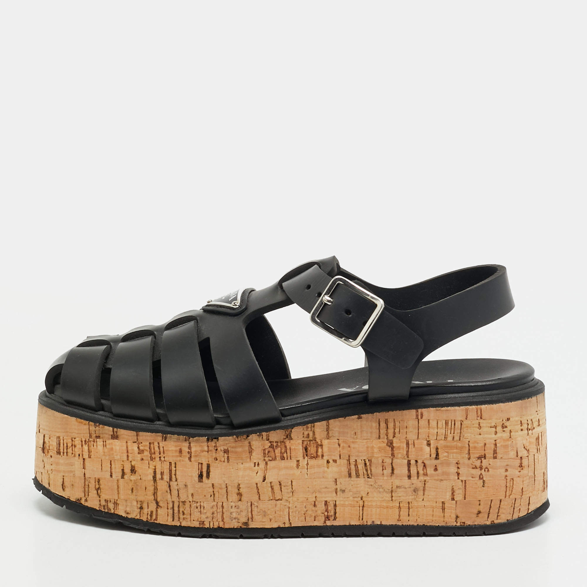 مملوكة مسبقًا Prada Monolith Size 37 Black Rubber Platform cork Sandals