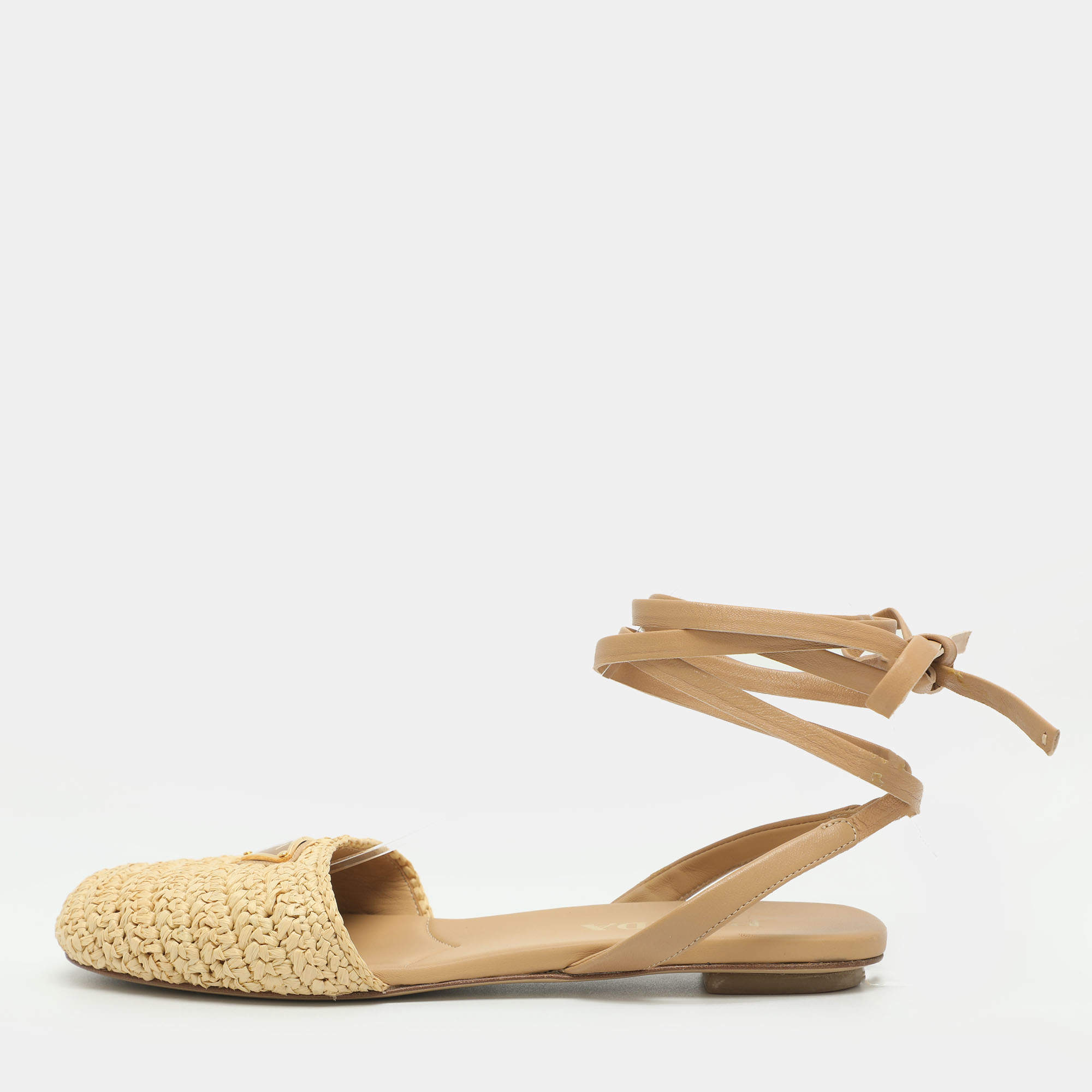 Pre Owned Prada Size 38 Beige Coated Raffia Wrap Around Flat Sandals