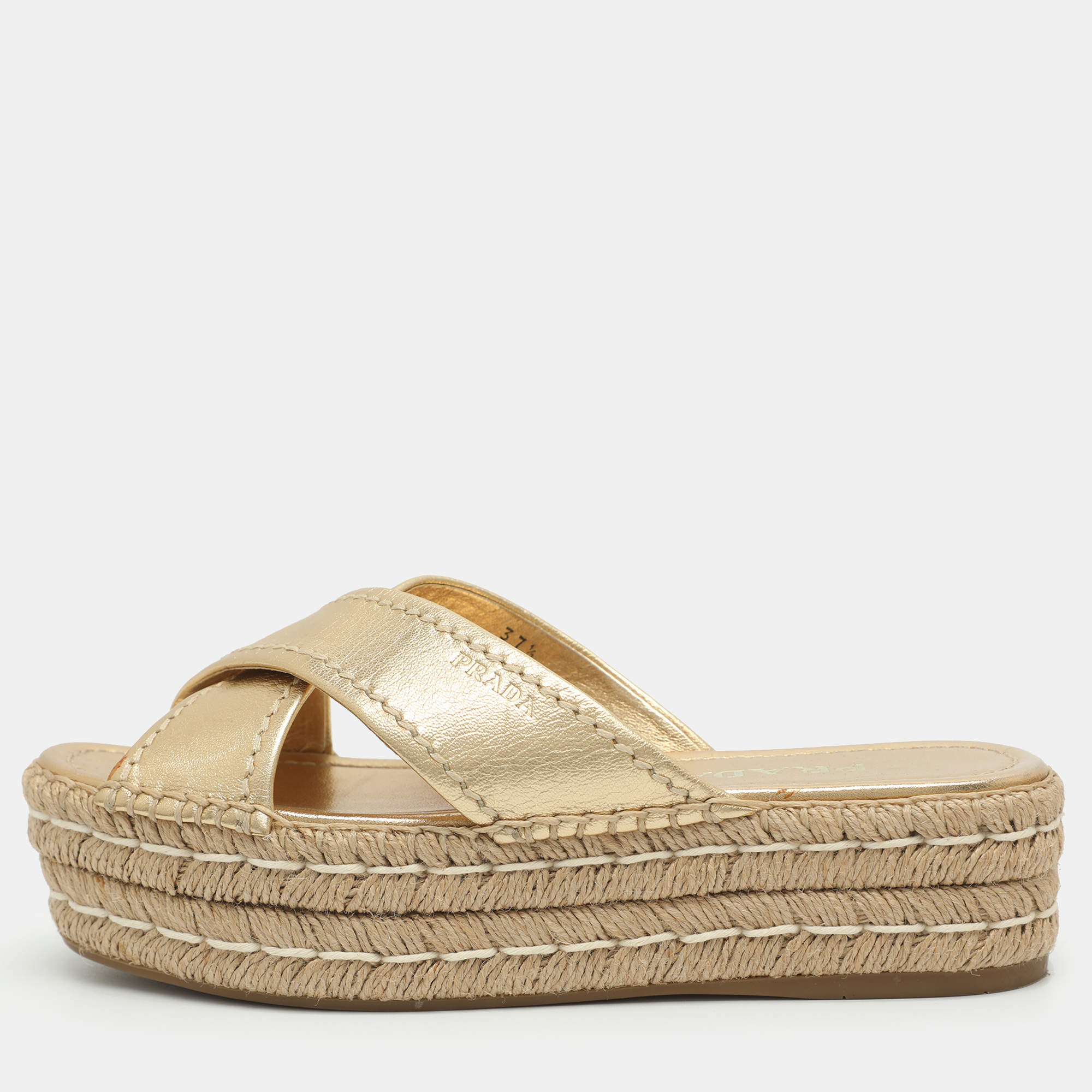 Pre Owned Prada Size 37.5 Gold Leather Cross Strap Espadrille Platform Slides