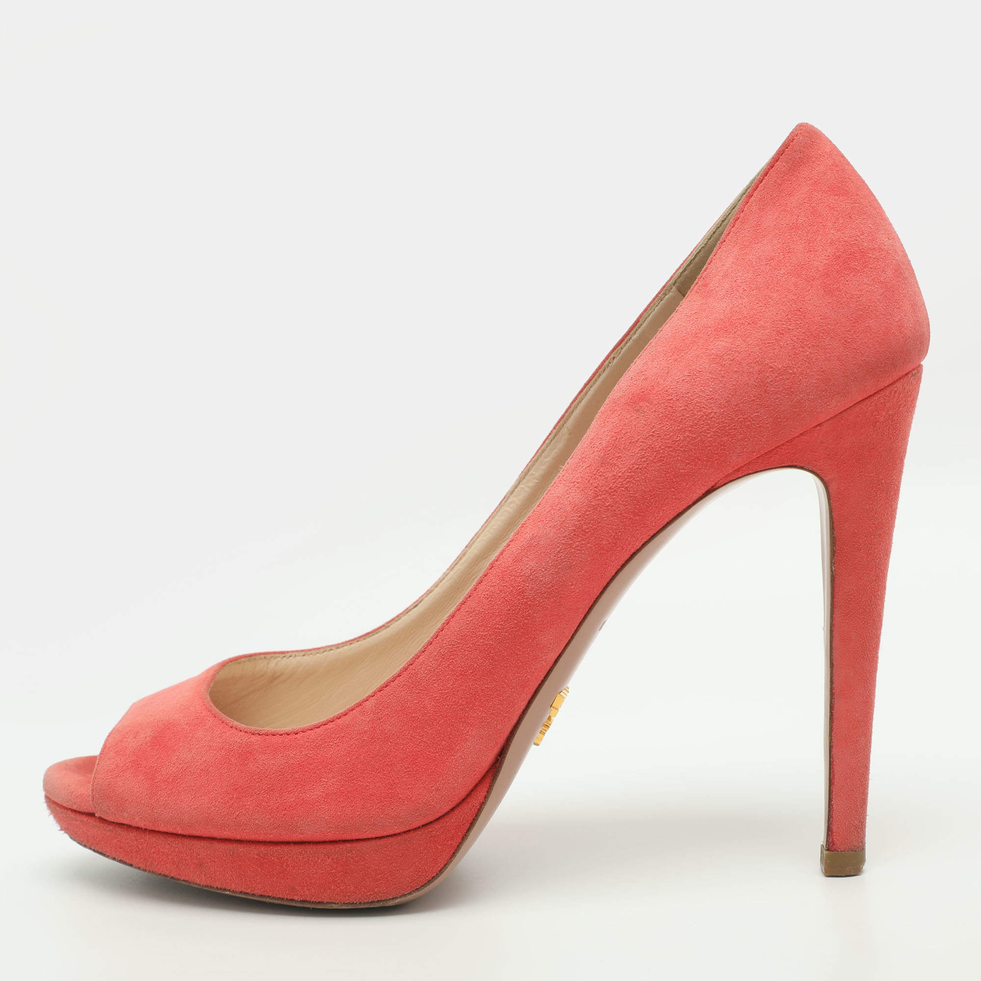 Pre Owned Prada Size 38 Coral Suede Peep Toe Platform Pumps