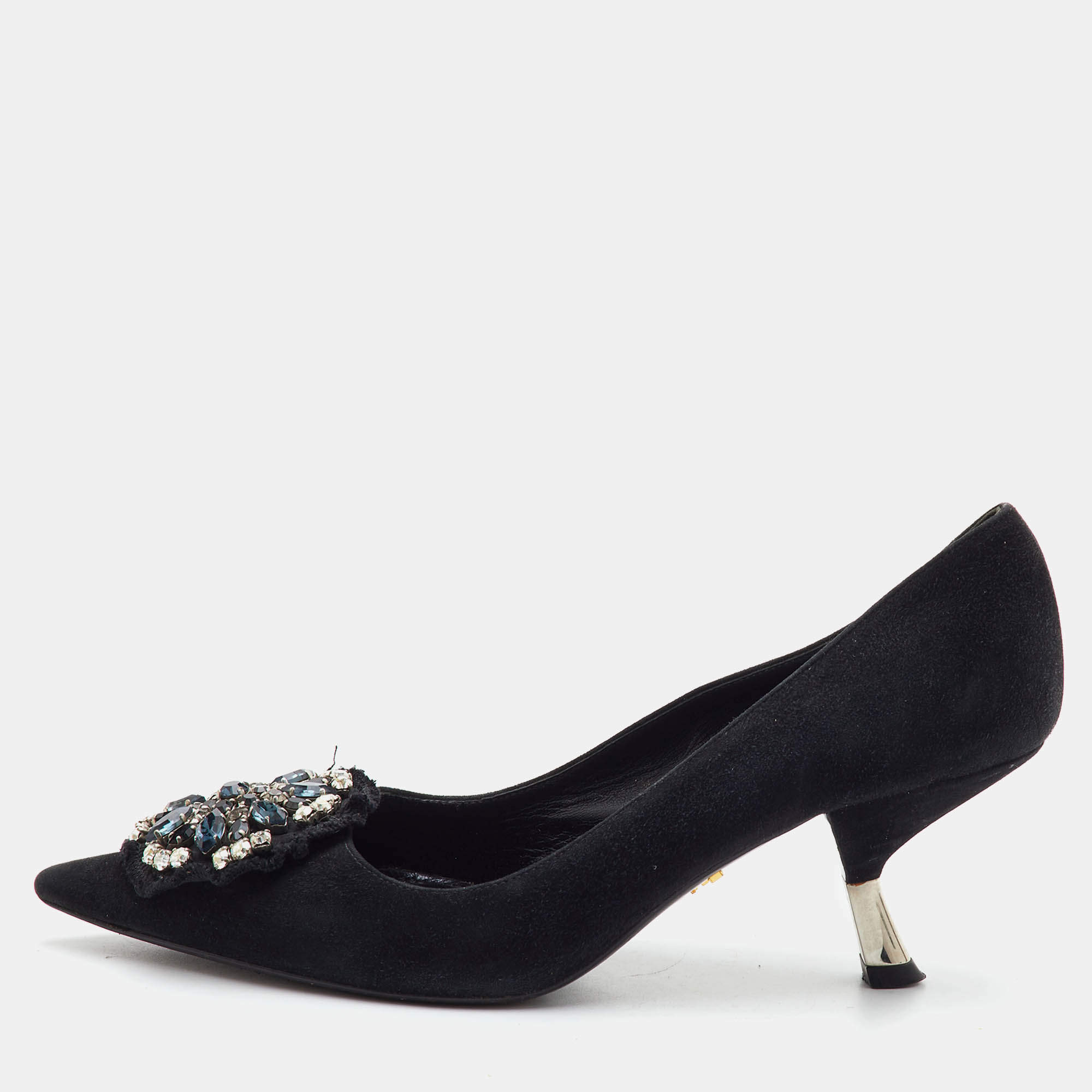 مملوكة مسبقًا Prada Size 37 Black Suede Crystal Embellished Pointed Toe Pumps