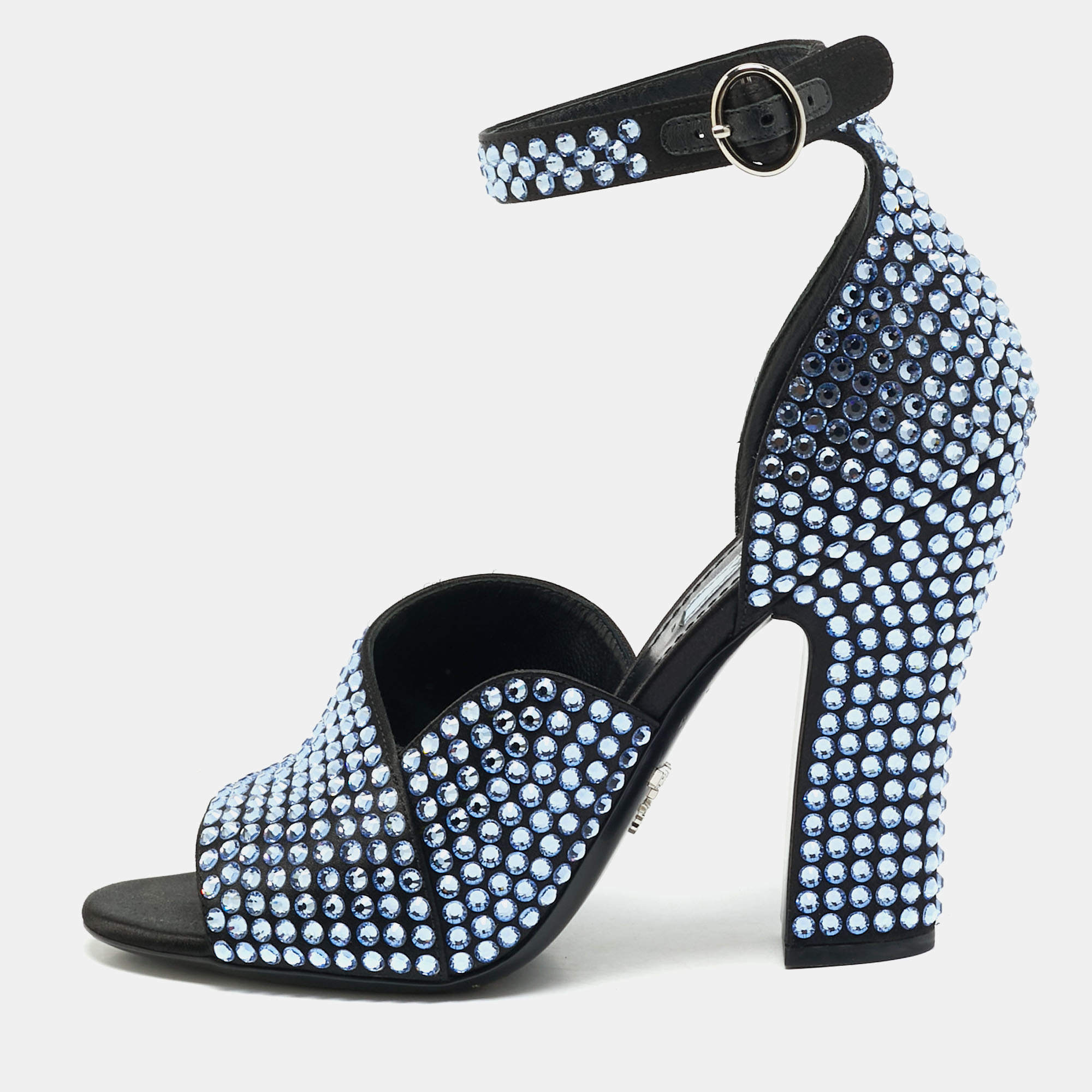 Pre Owned Prada Size 37.5 Blue Satin and Crystal Embellished Ankle Strap Sandals