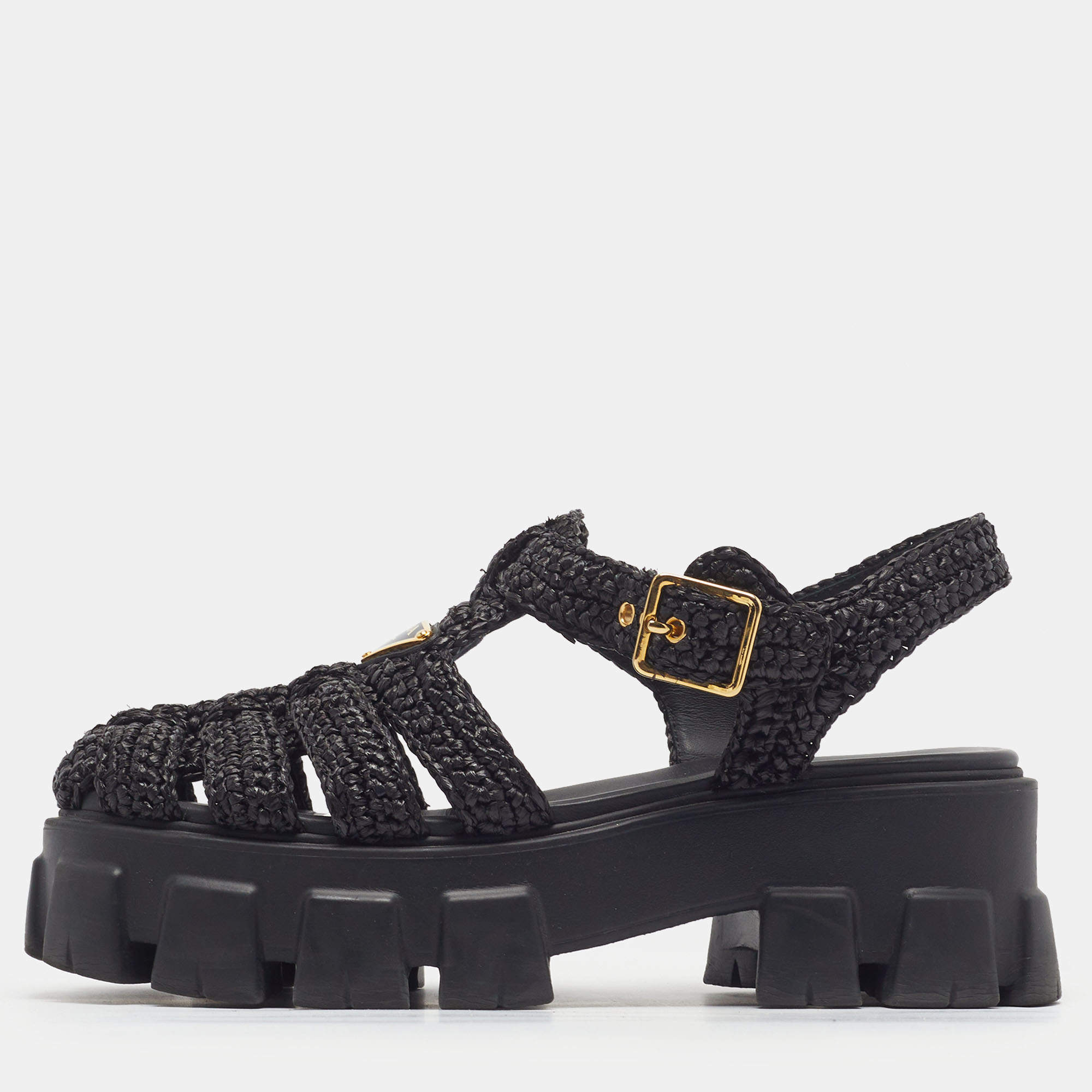 Pre Owned Prada Monolith Size 36 Black Straw Platform Sandals