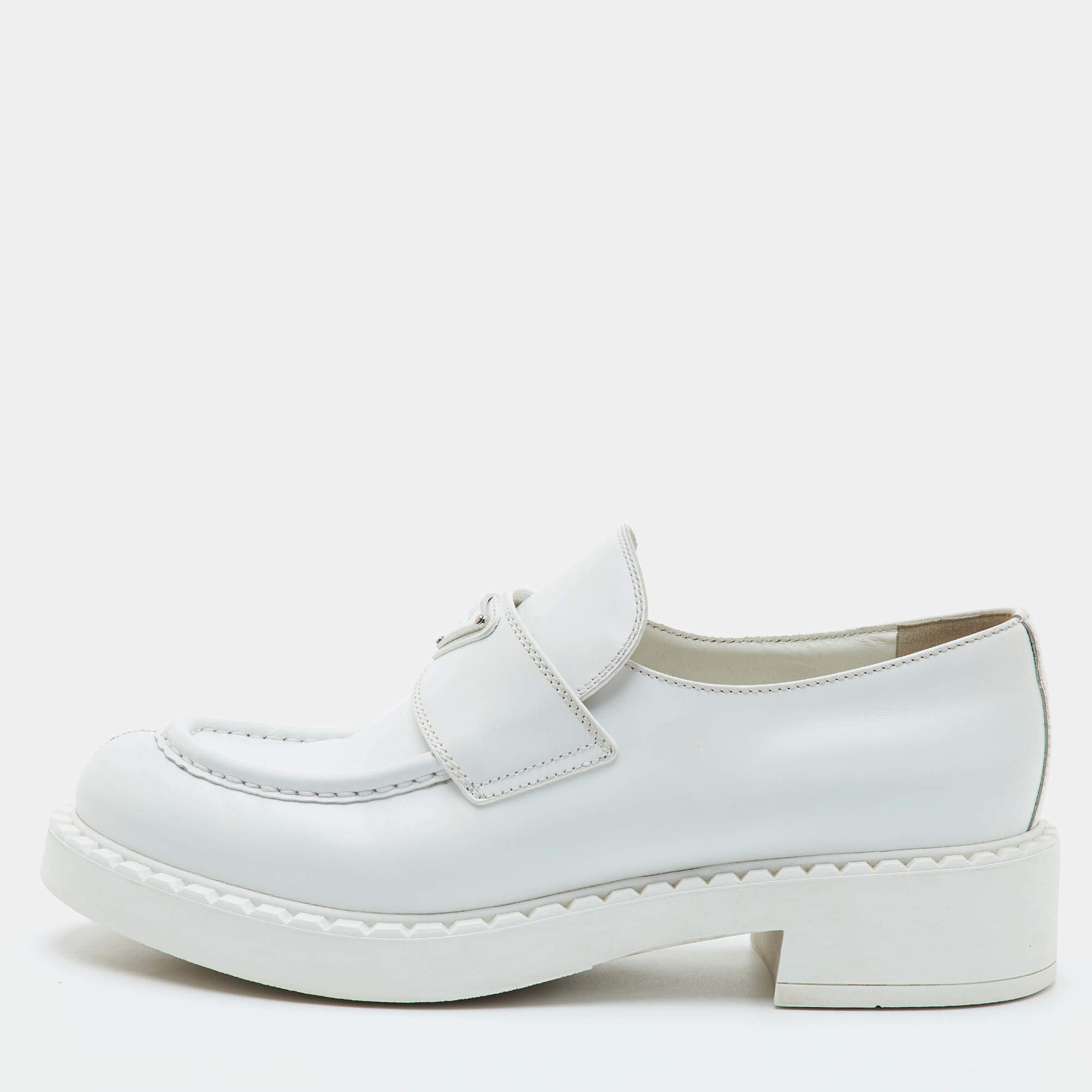 Pre Owned Prada Size 41.5 White Brushed Leather Platform Slip On Loafers