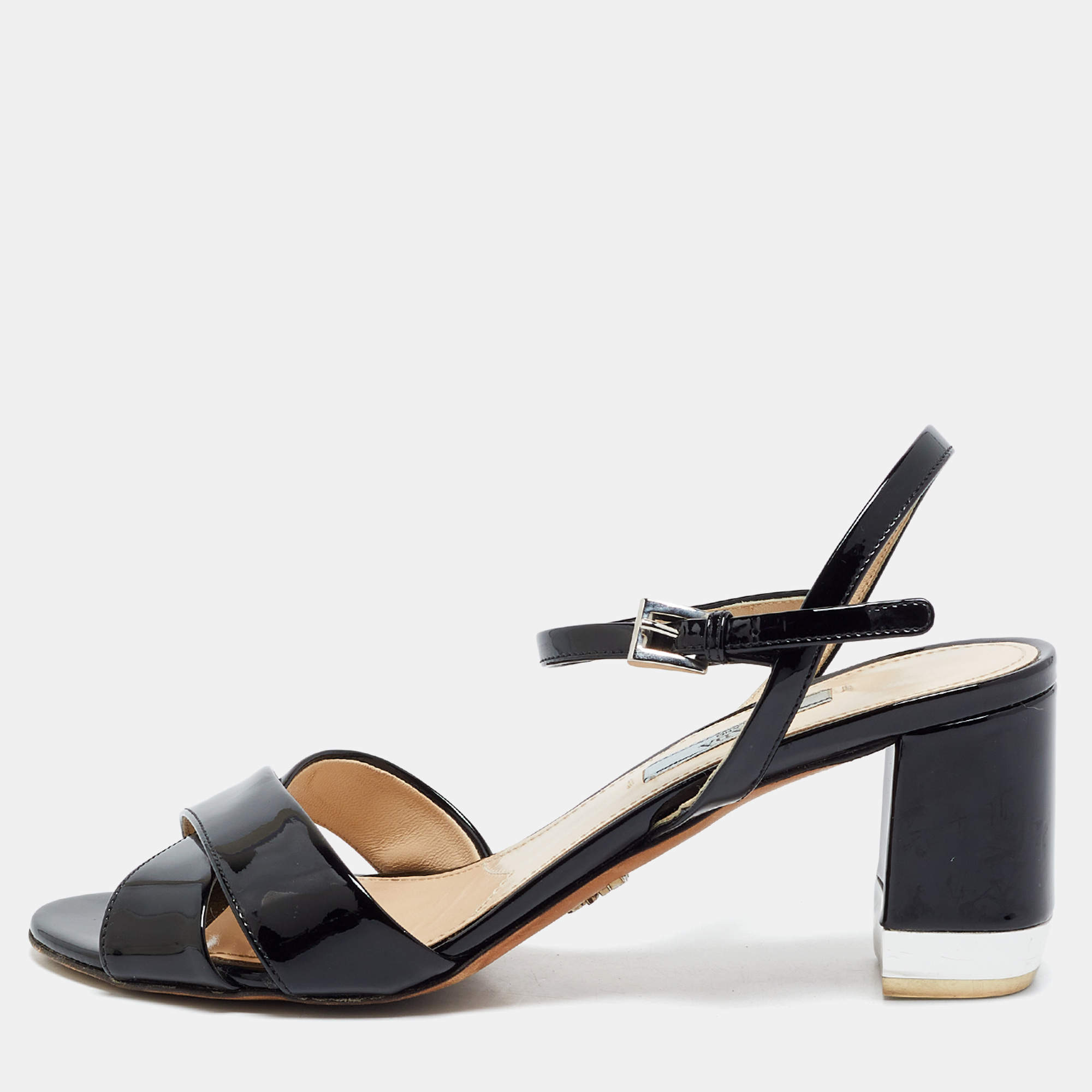 Pre Owned Prada Size 38 Black Patent Leather Criss Cross Block Heel Ankle Strap Sandals