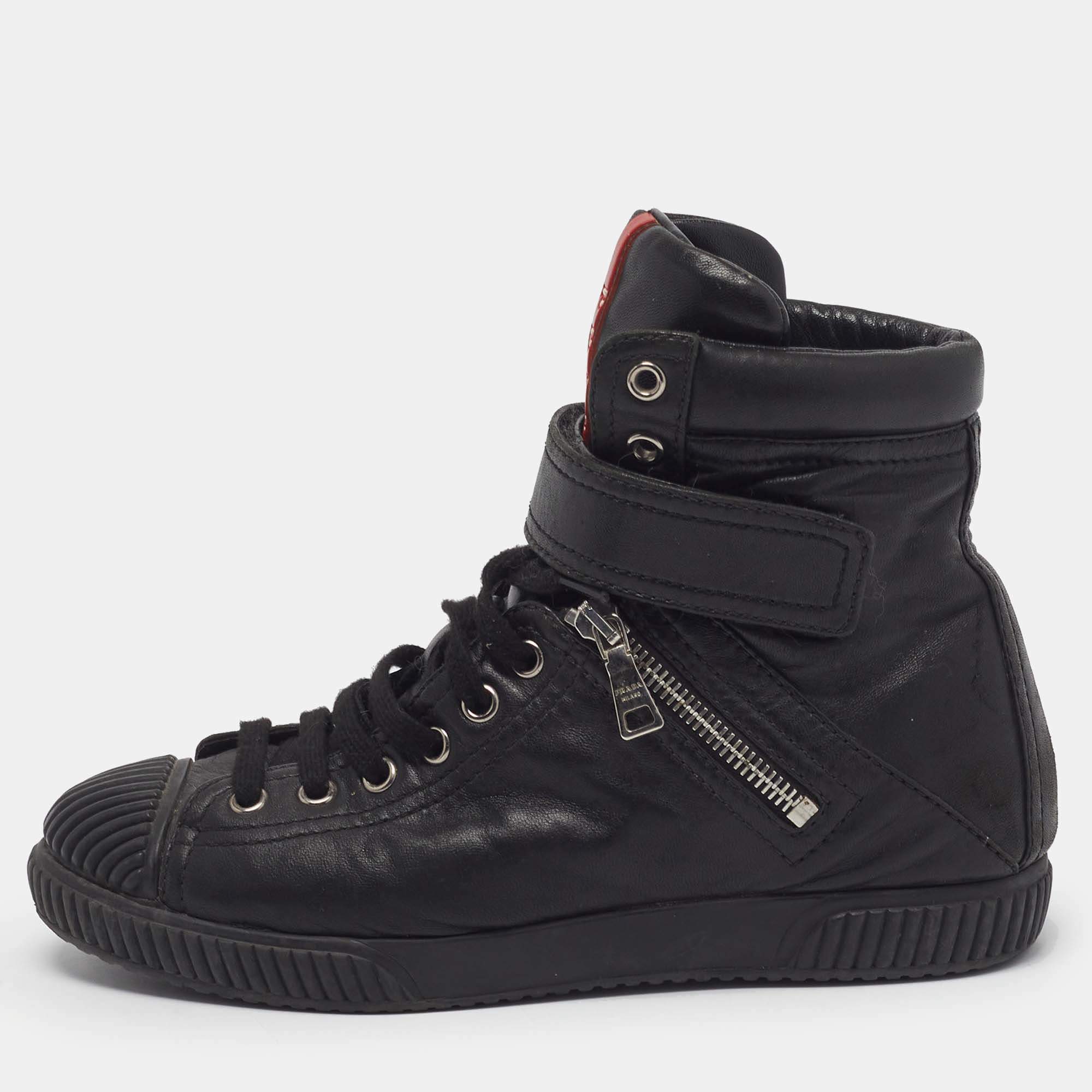 Pre Owned Prada Size 36.5 Black Leather High Top Sneakers