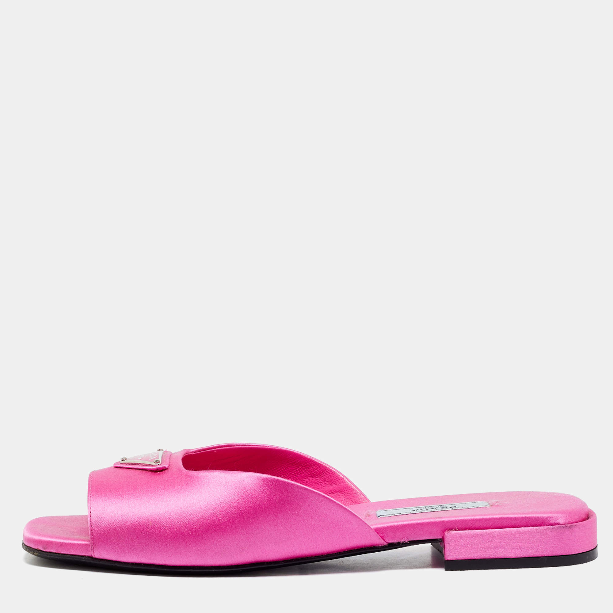 Pre Owned Prada Triangle Logo Size 36 Pink Satin Flat Slide