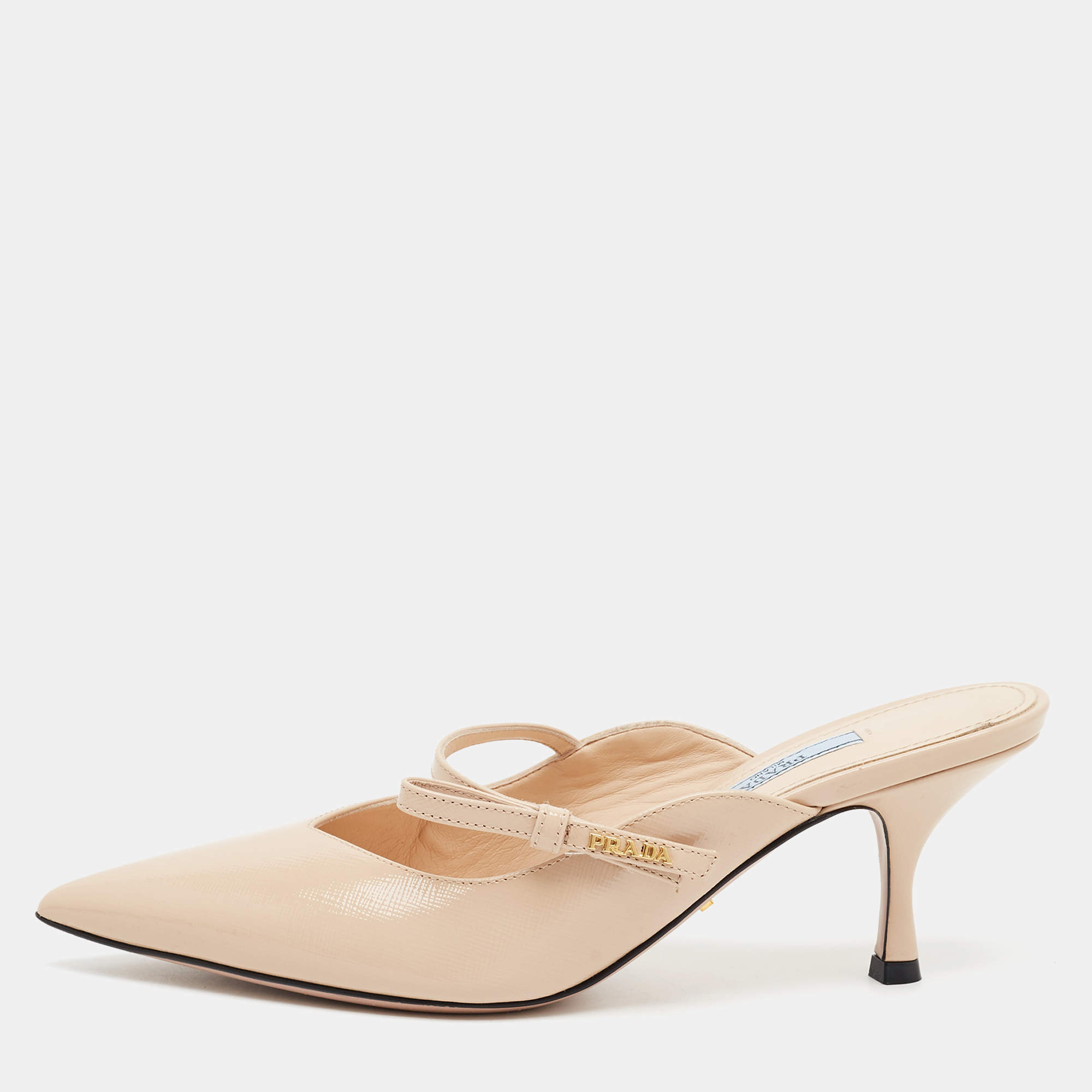 Pre Owned Prada Size 38 Beige Saffiano Leather Mules