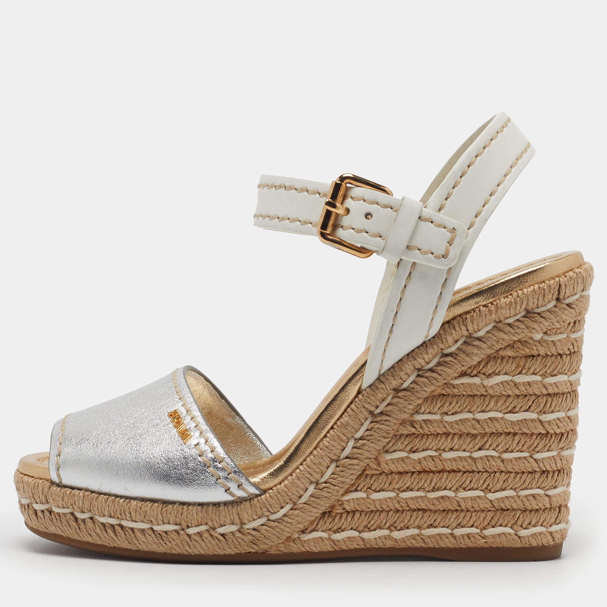 Pre Owned Prada Size 38 Silver/White Leather Espadrille Wedge Sandals