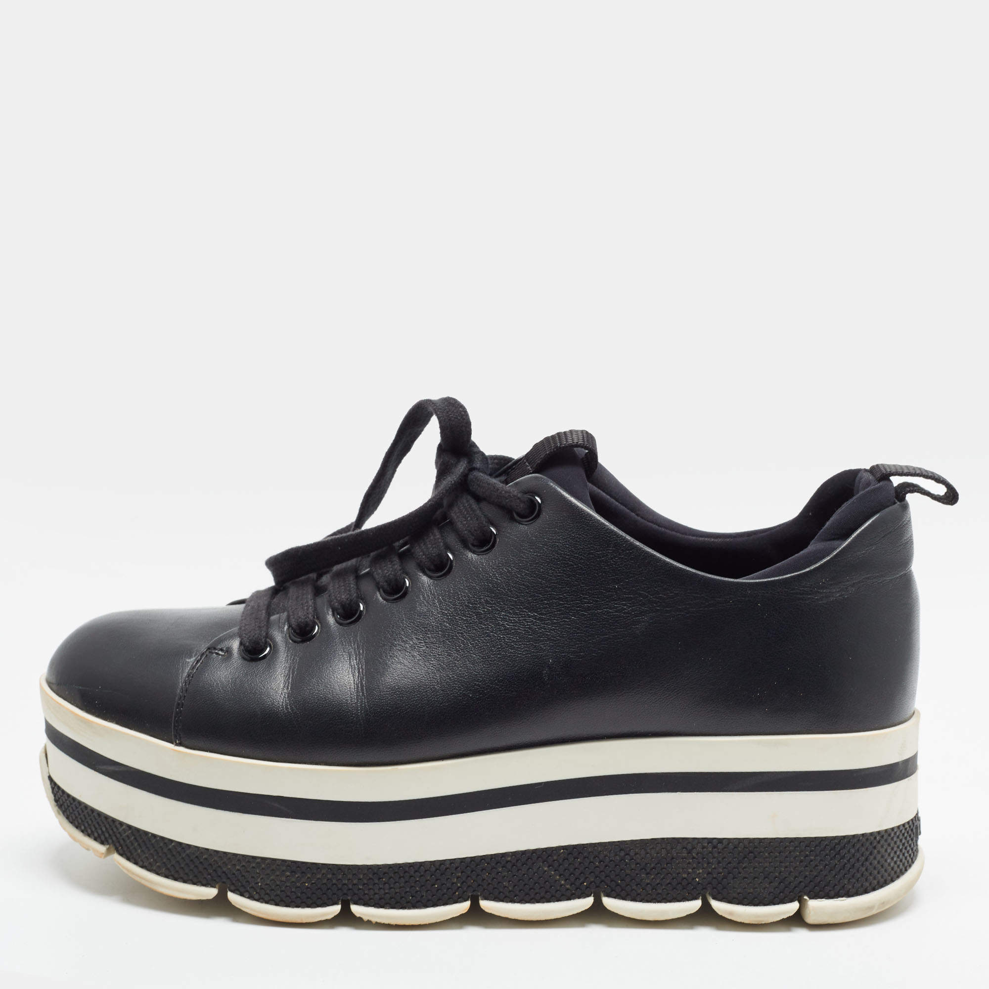 Pre Owned Prada Size 38 Black Leather Platform  Lace Up Sneakers
