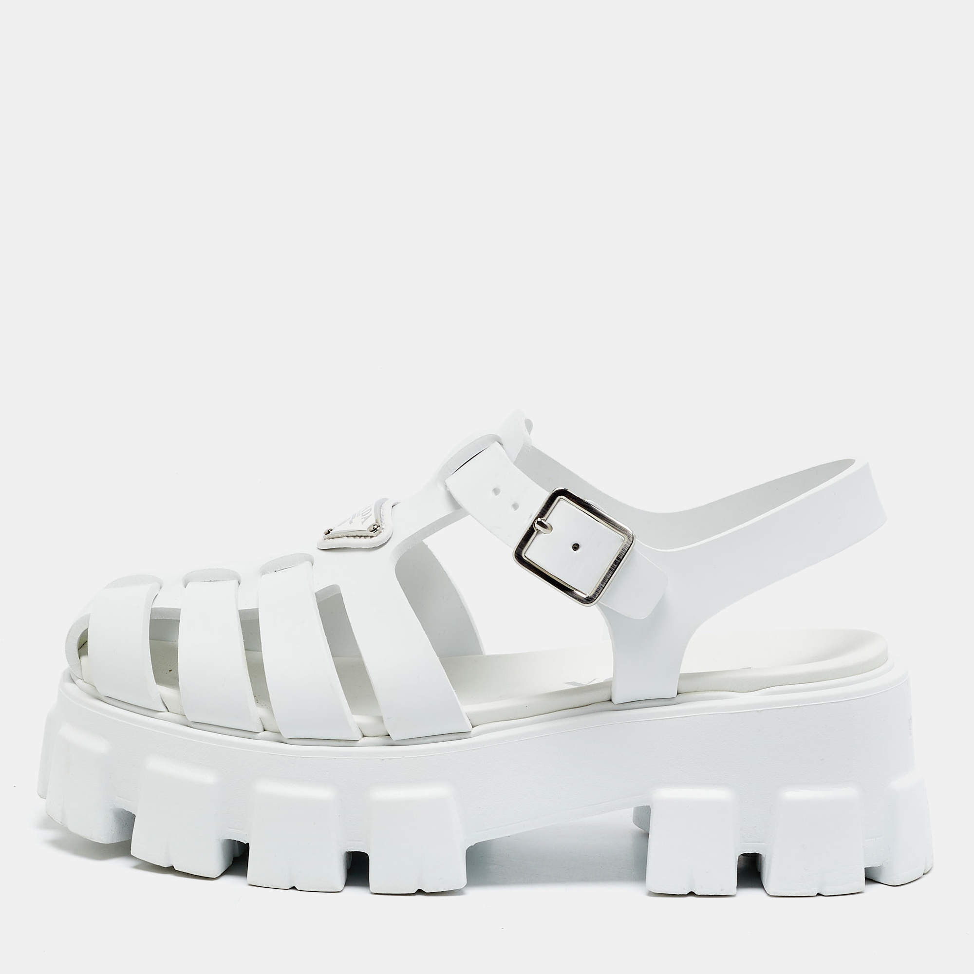 Pre Owned Prada Monolith Size 38 White Rubber Platform Ankle Strap Sandals