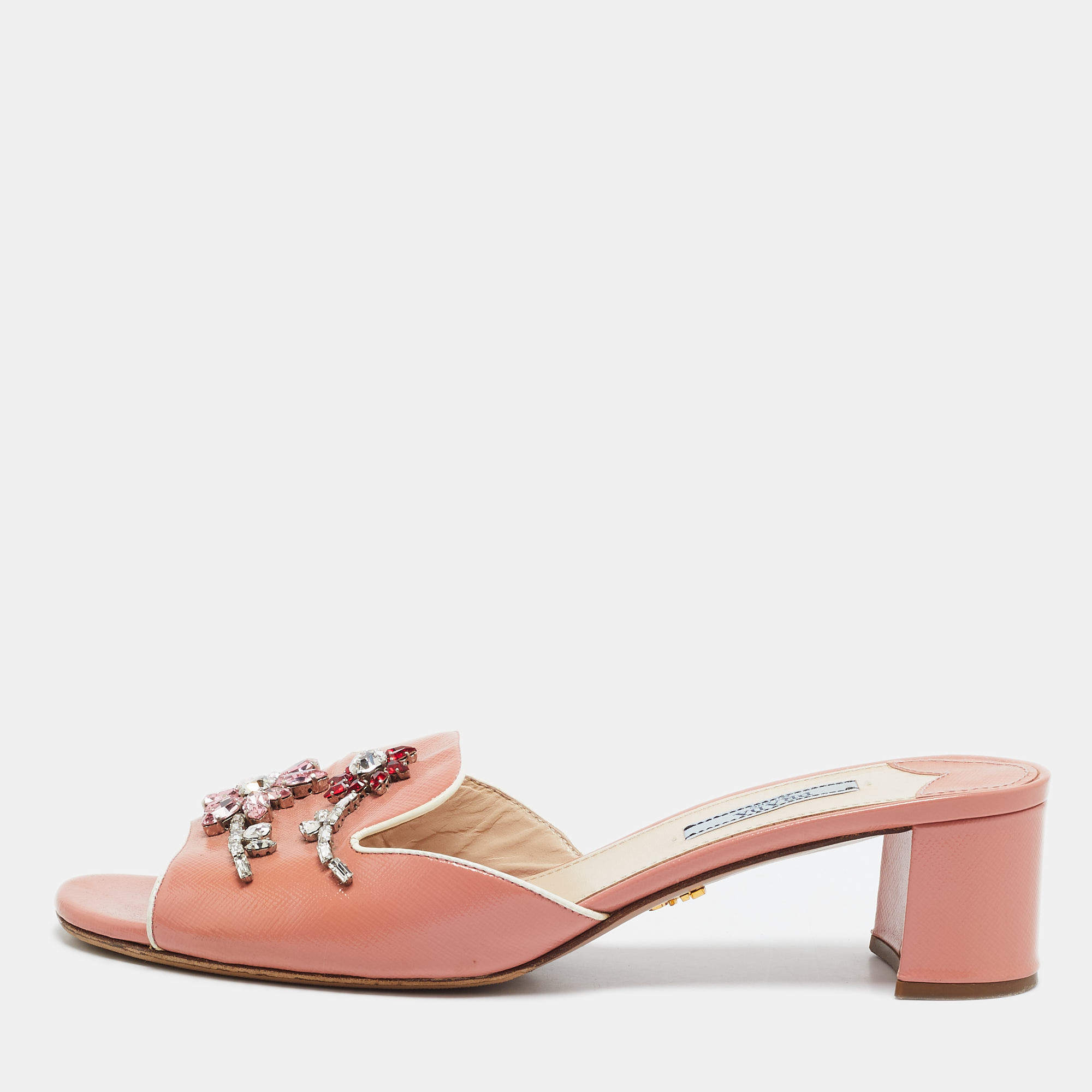 Pre Owned Prada  Size 39 Pink Saffiano Patent Leather Slide Sandals