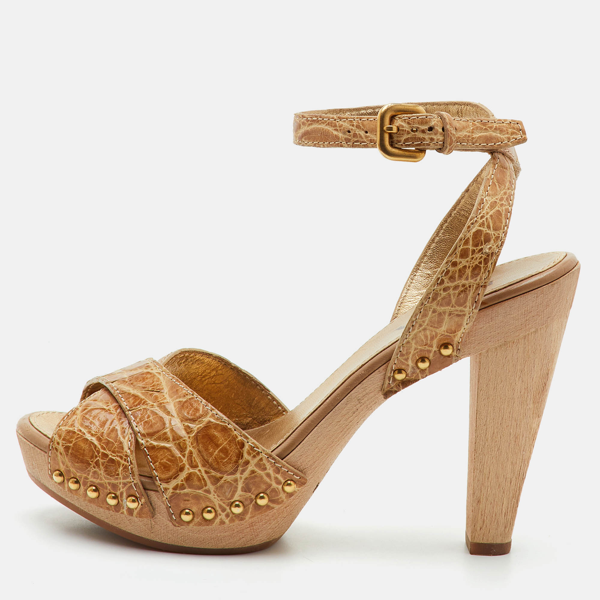 Pre Owned Prada Size 38 Beige Crocodile Leather Platform Ankle Strap Sandals