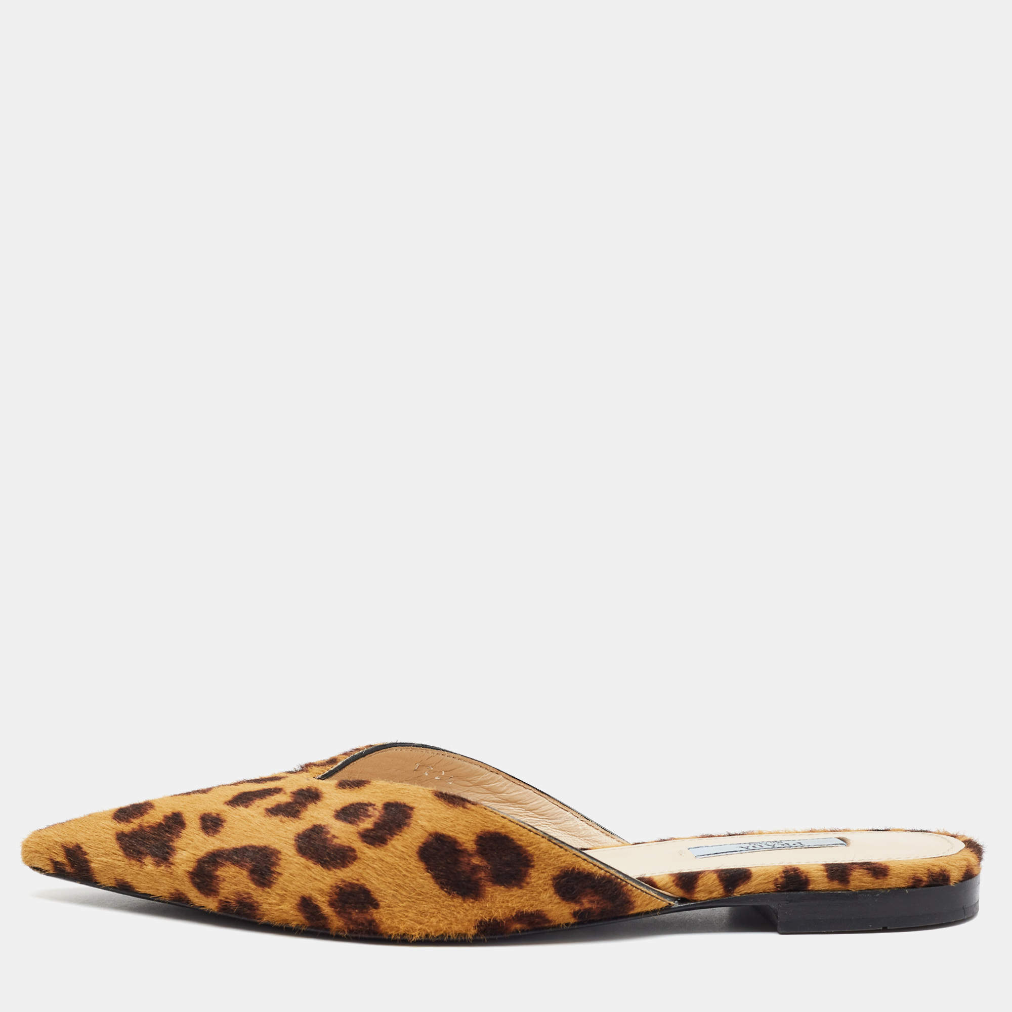 Pre Owned Prada Size 38.5 Brown Calf Hair Mule Flats