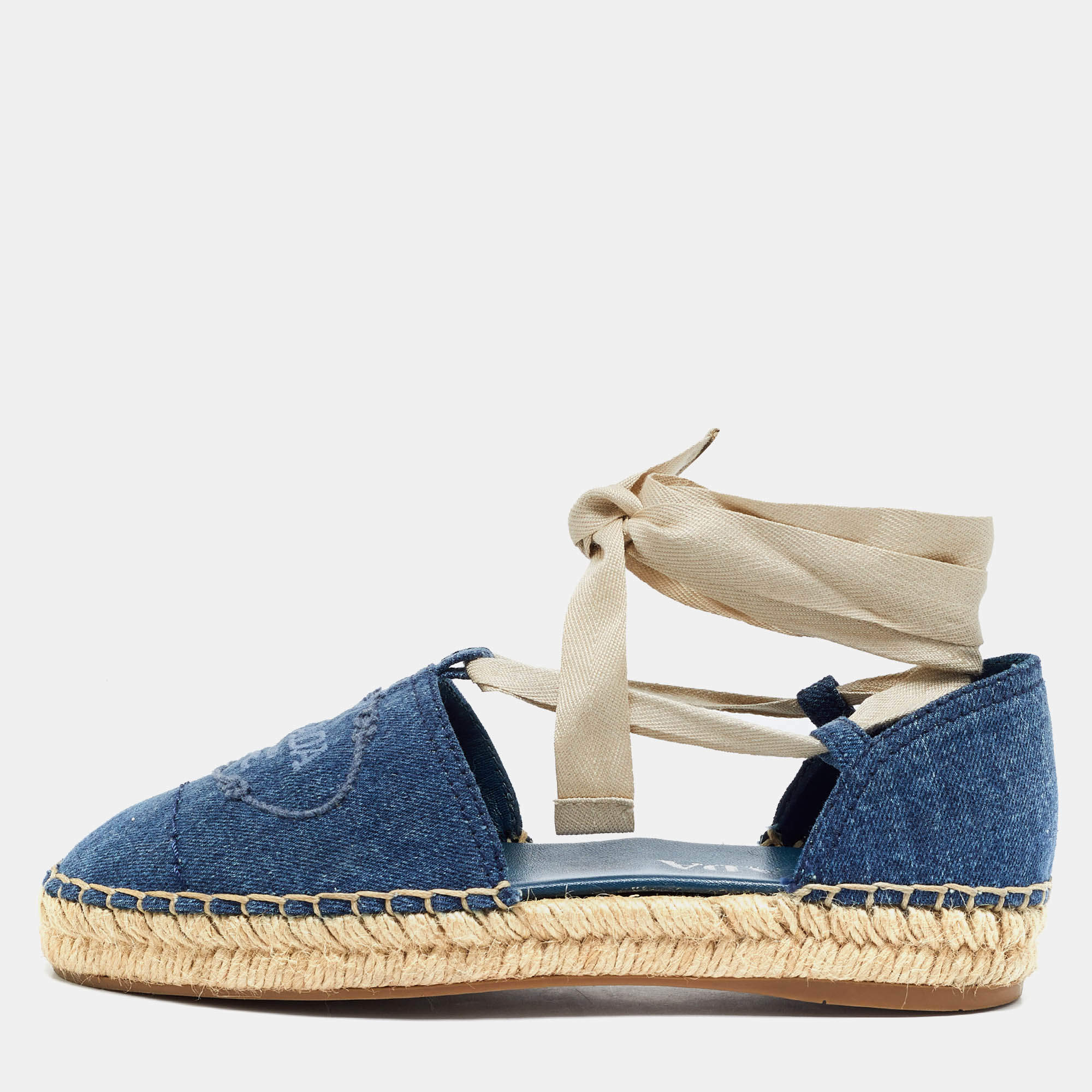 Pre Owned Prada Size 35 Blue Denim Ankle Wrap Espadrille Flats