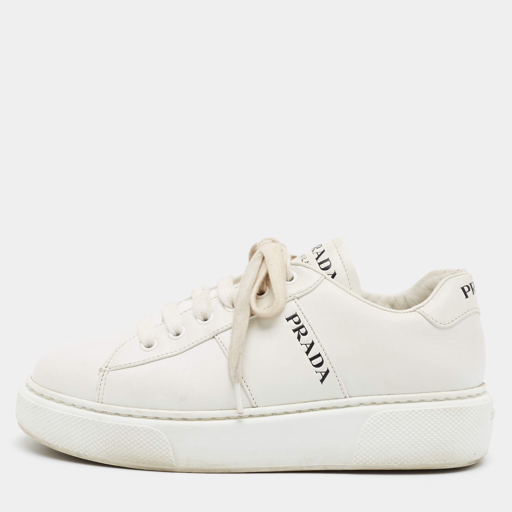 Pre Owned Prada Logo Court Size 36 White Leather Lace Up Sneakers