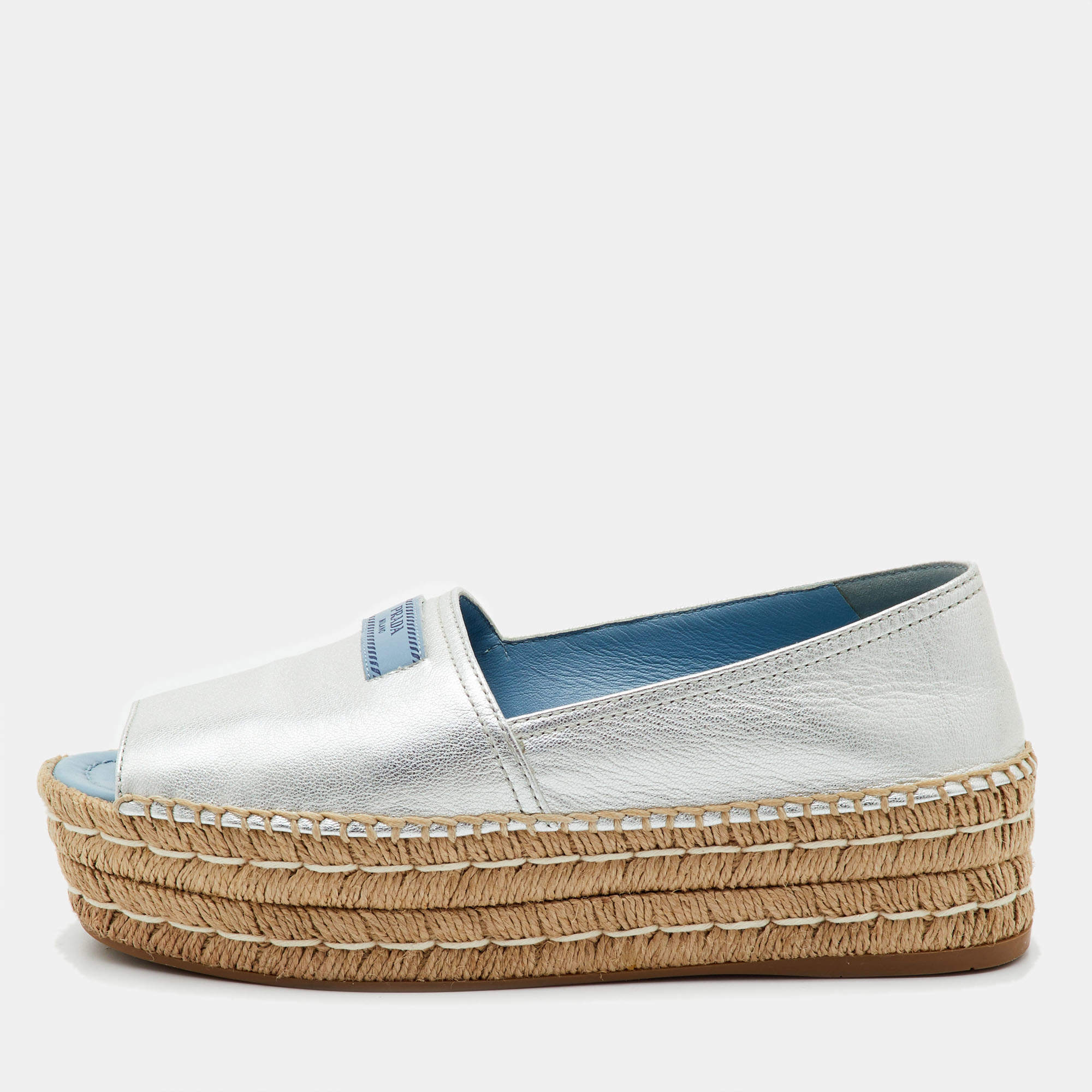 مملوكة مسبقًا Prada Size 38.5 Silver Leather Platform Espadrille Flats