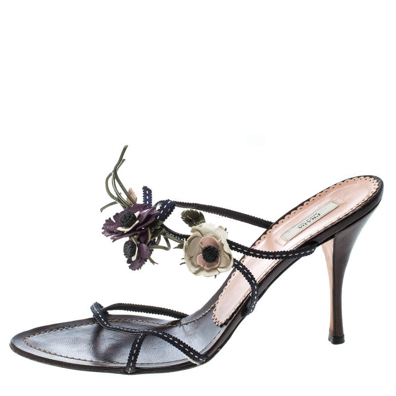 Prada Multicolor Fabric and Leather Flower Embellished Sandals Size 39