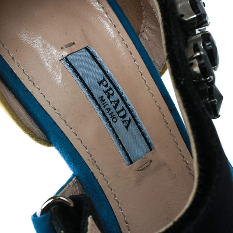 Pre Owned Prada Color Block Suede Asymmetric Jeweled Ankle Strap Sandals Size 38.5