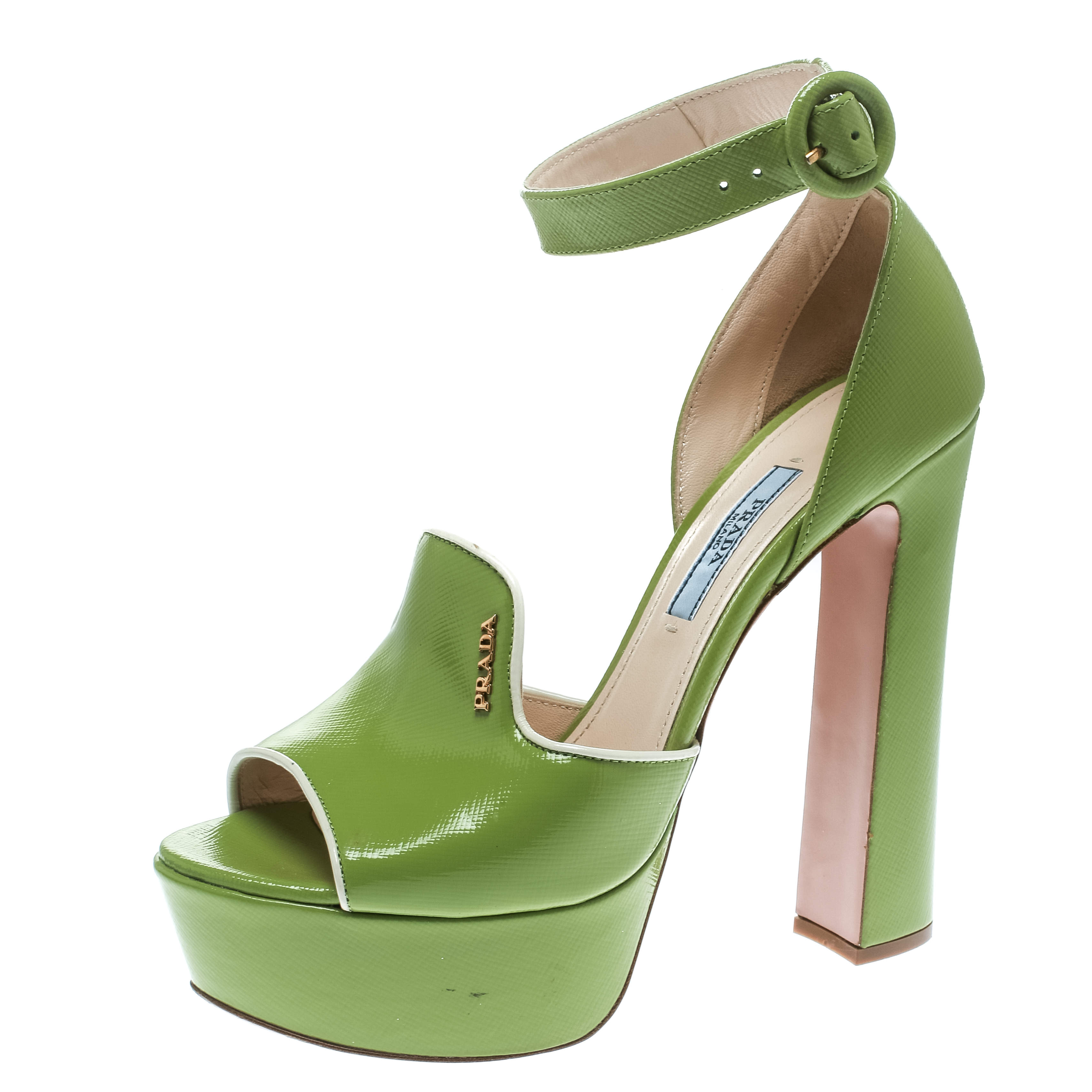 Pre Owned Prada Green Leather Ankle Strap Platform Sandals Size 36