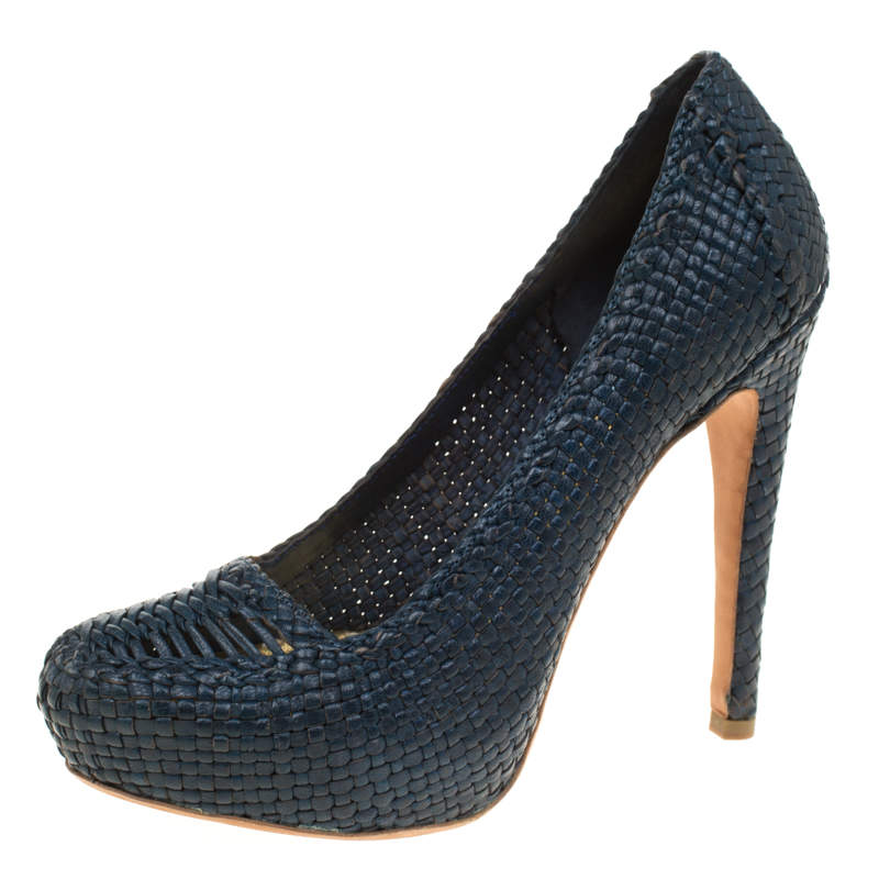Prada Blue Woven Leather Madras Platform Pumps Size 38