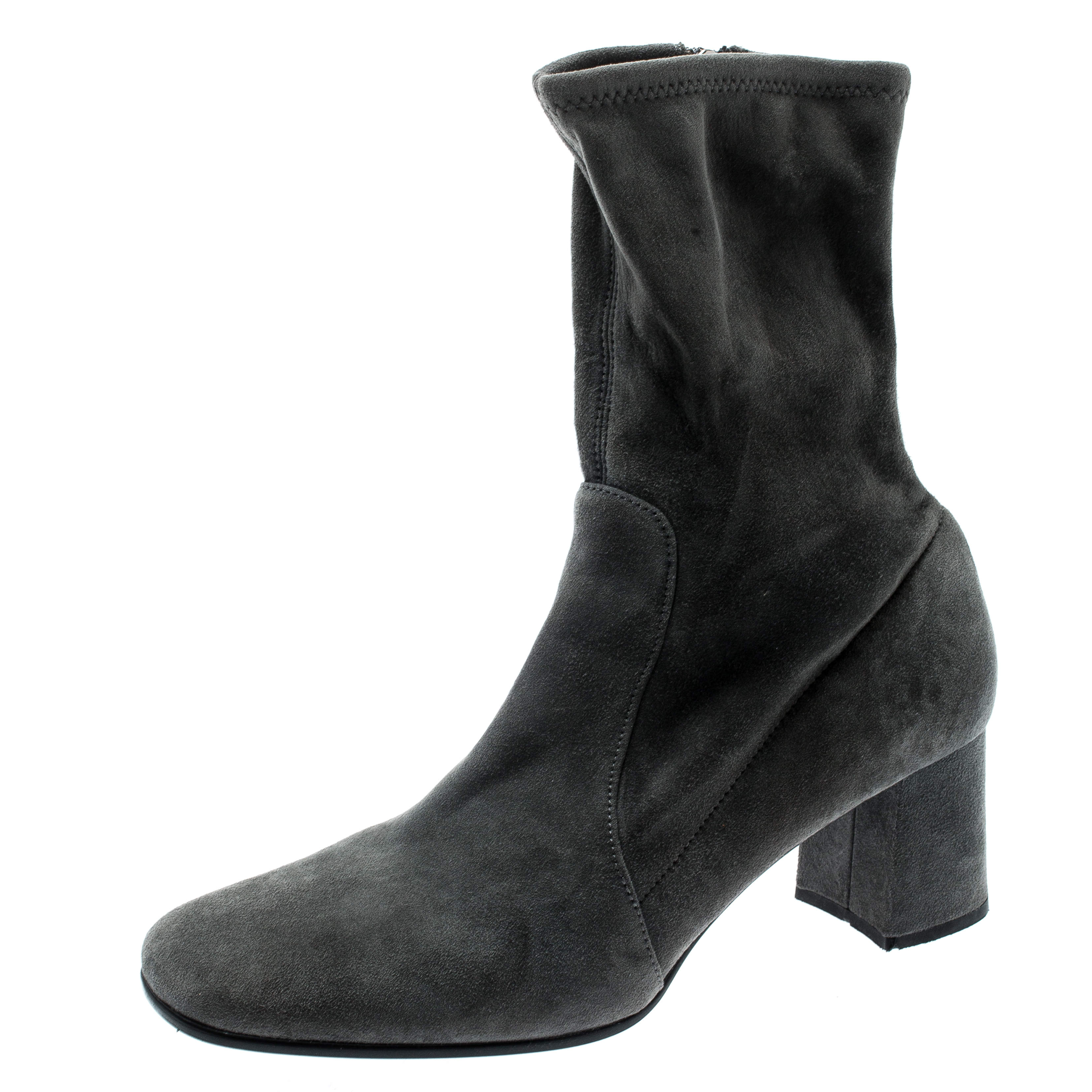 Prada Grey Suede Block Heel Ankle Boots Size 39