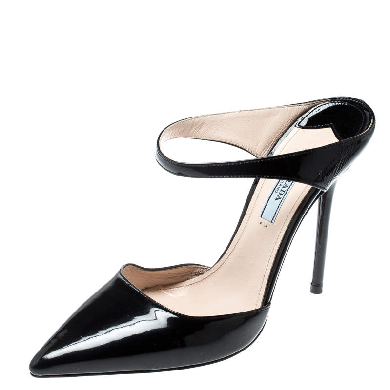 Prada Black Patent Leather Pointed Toe Slip On Mules Size 37.5