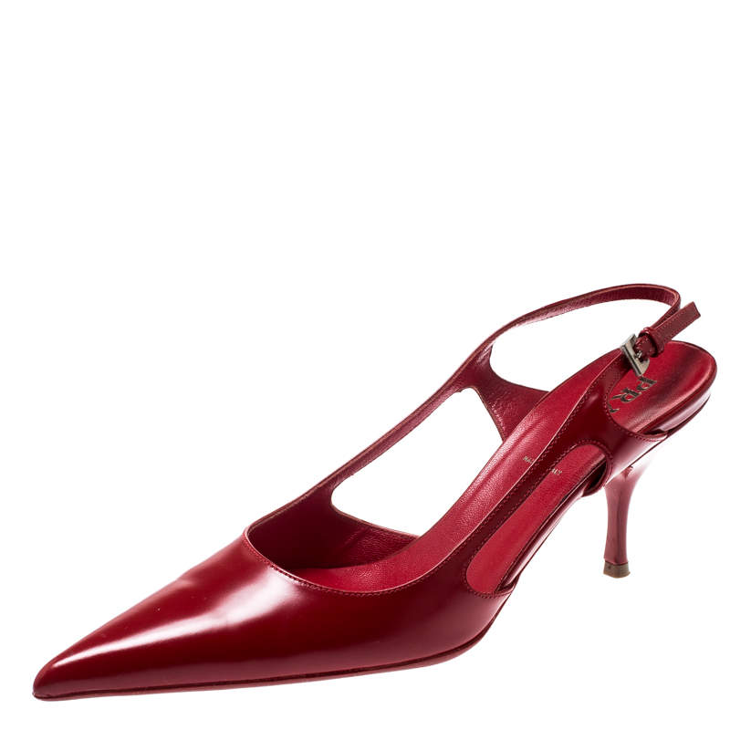 Pre Owned Prada Red Leather Pointed Toe Slingback Sandals Size 36.5