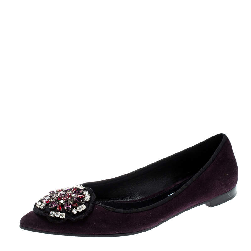 Prada Purple Crystal Embellished Suede Pointed Toe Flats Size 39.5