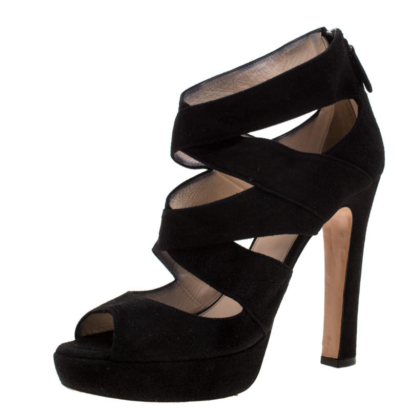 Prada Black Suede Cut Out Open Toe Platform Sandals Size 38