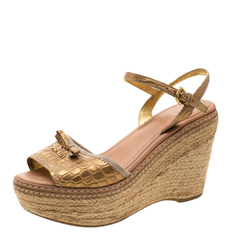 Pre Owned Prada Metallic Gold Croc Embossed Leather Espadrille Wedge Ankle Strap Sandals Size 37.5