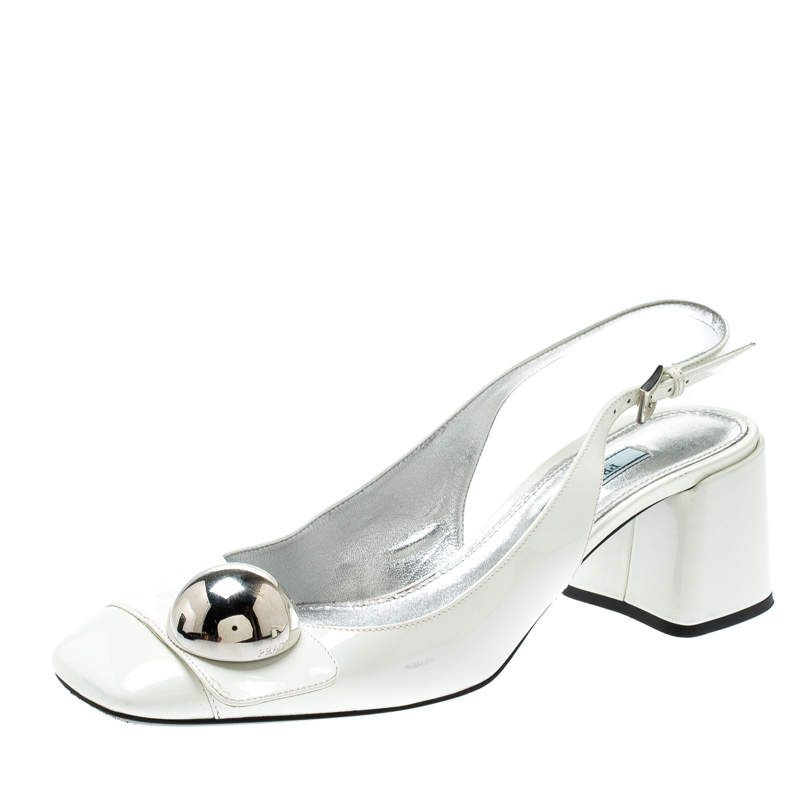 Pre Owned Prada White Patent Leather Metal Embellished Slingback Sandals Size 39.5