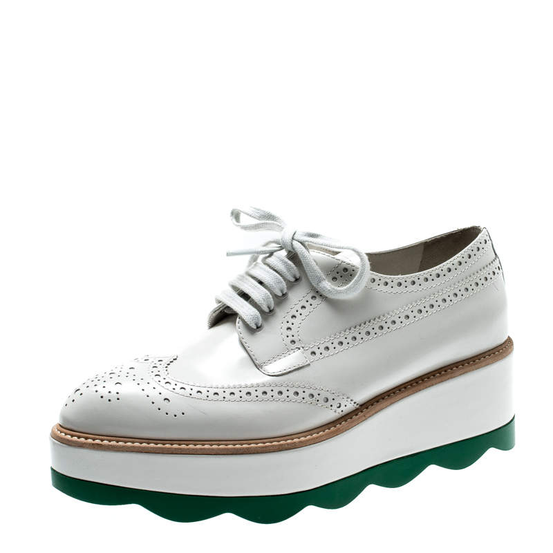 حذاء برادا ديربي أربطة طرف وينغ نعل سميك جلد بروغي أخضر /أبيض مقاس 38