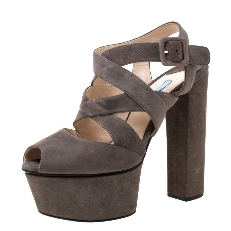 Prada Brown Suede Platform Strappy Sandals Size 37