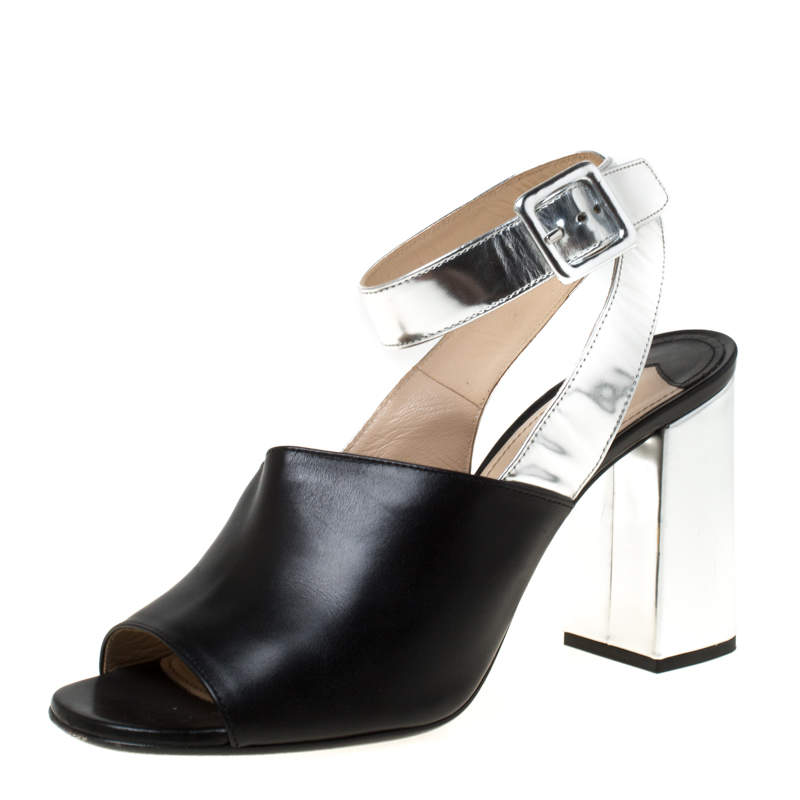 Prada Black/Silver Leather Ankle Strap Square Toe Ankle Strap Sandals Size 38
