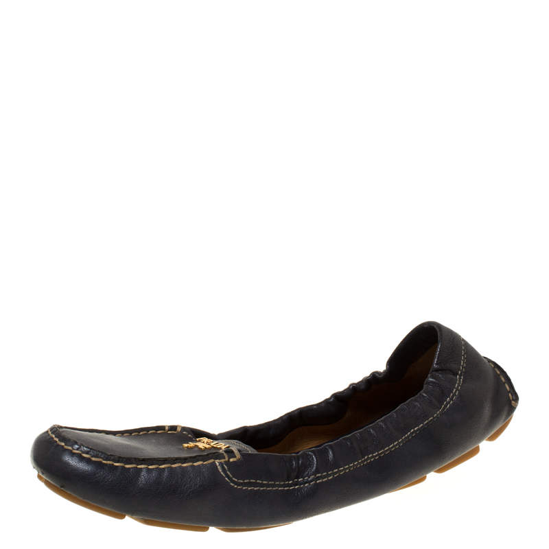 Pre Owned Prada Blue Leather Scrunch Slip On Loafers Size 38