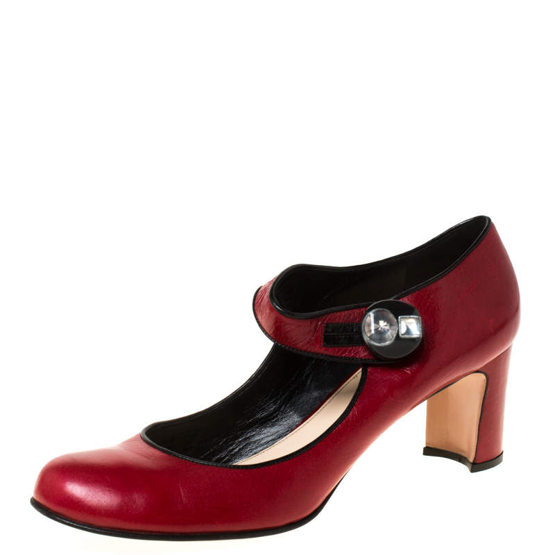 Pre Owned Prada Red Leather Mary Jane Pumps Size 41