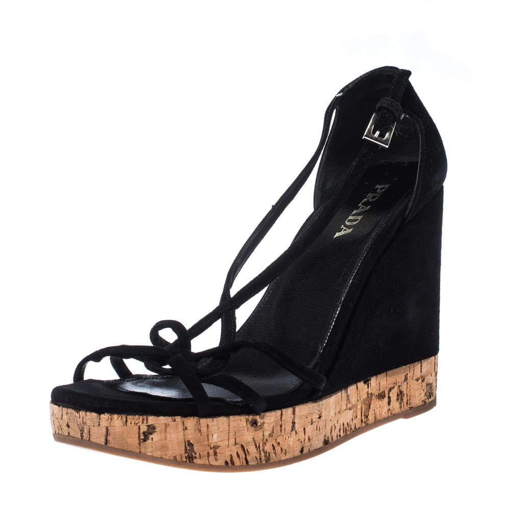 Prada Black Suede Strappy Cork Wedge Platform Sandals Size 37