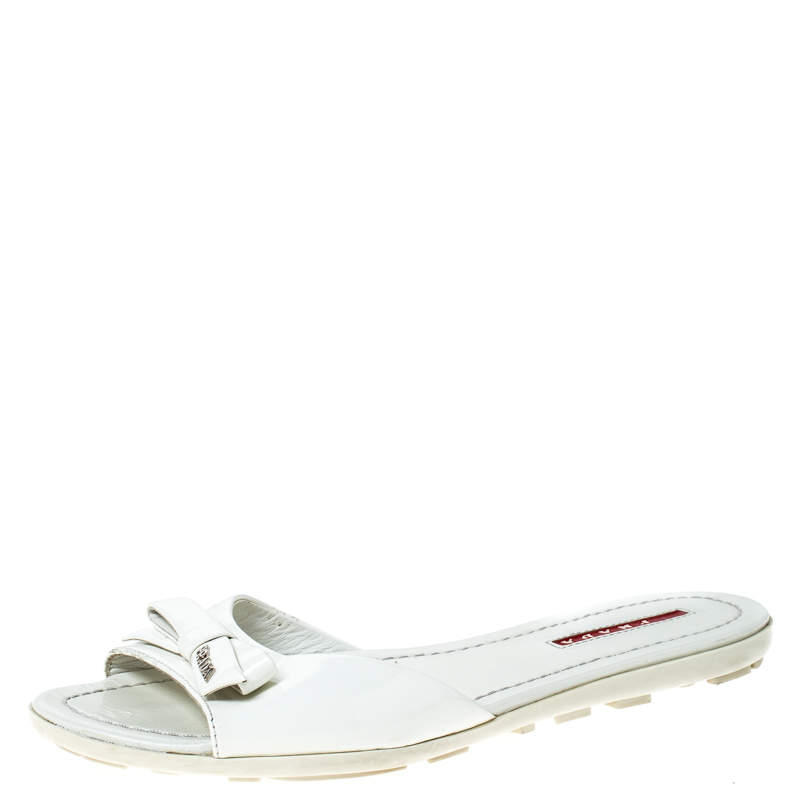 Pre Owned Prada White Patent Leather Bow Flats Size 36